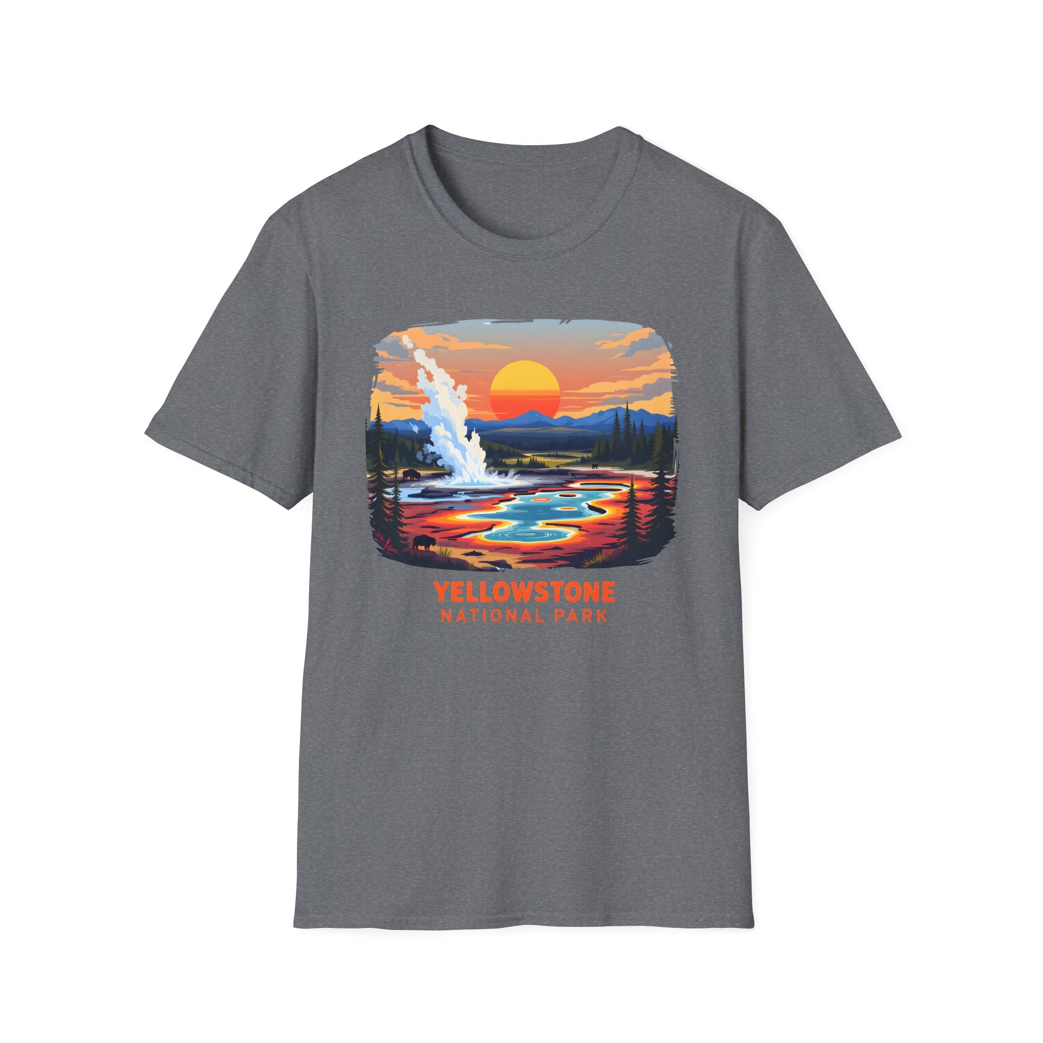 Yellowstone National Park Scenic T-Shirt — Geyser Sunset Graphic Tee