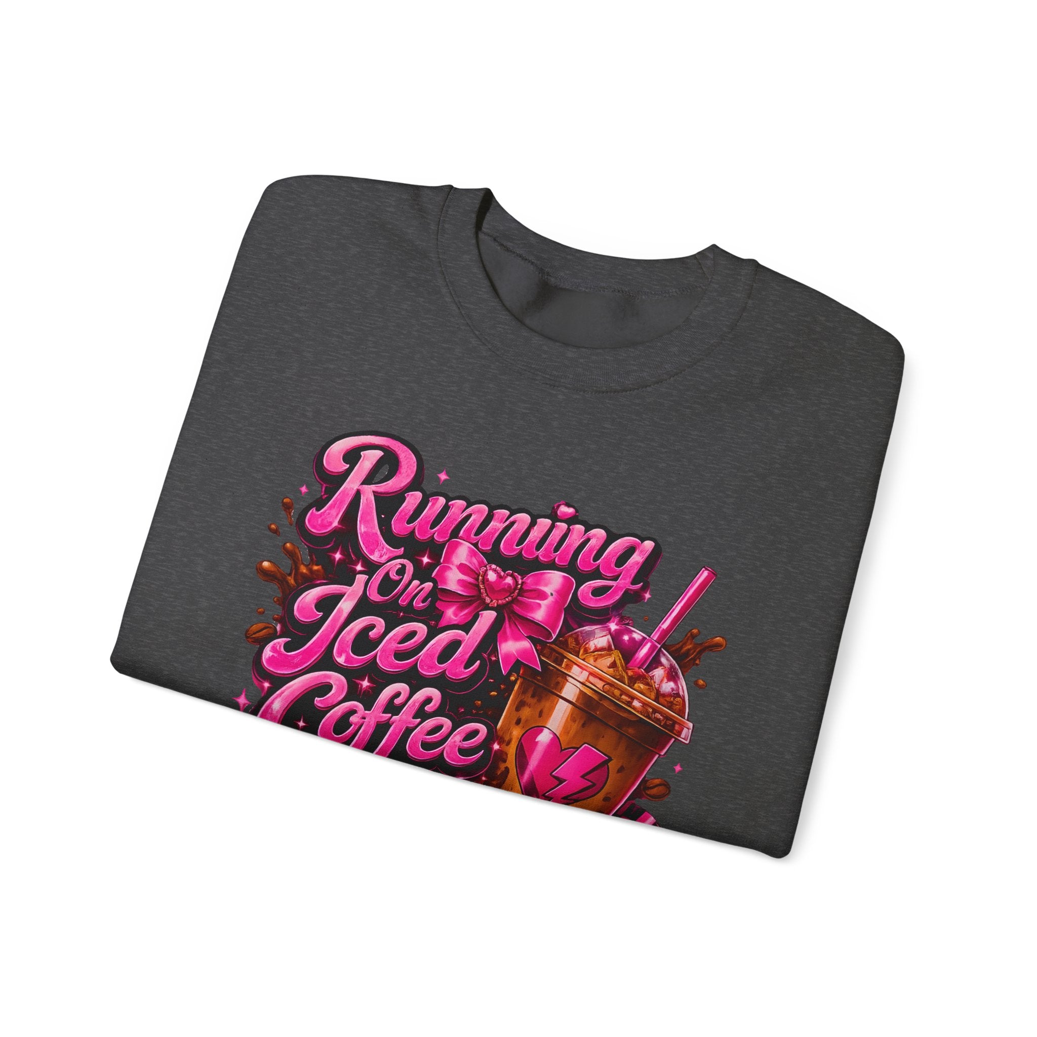 "Running On Iced Coffee" Graphic Cozy Coffee Lover — Pullover Crewneck Sweatshirt