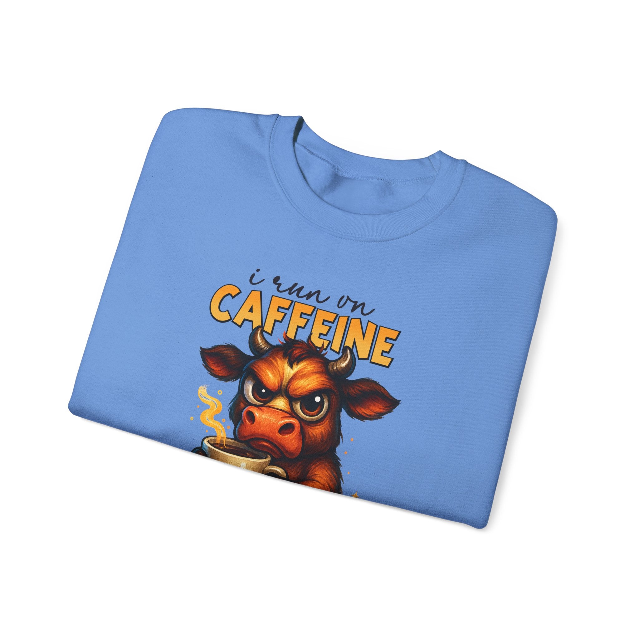 Caffeine-Fueled Cow Sweatshirt — "I Run on Caffeine and Questionable Decisions" Cozy Crewneck