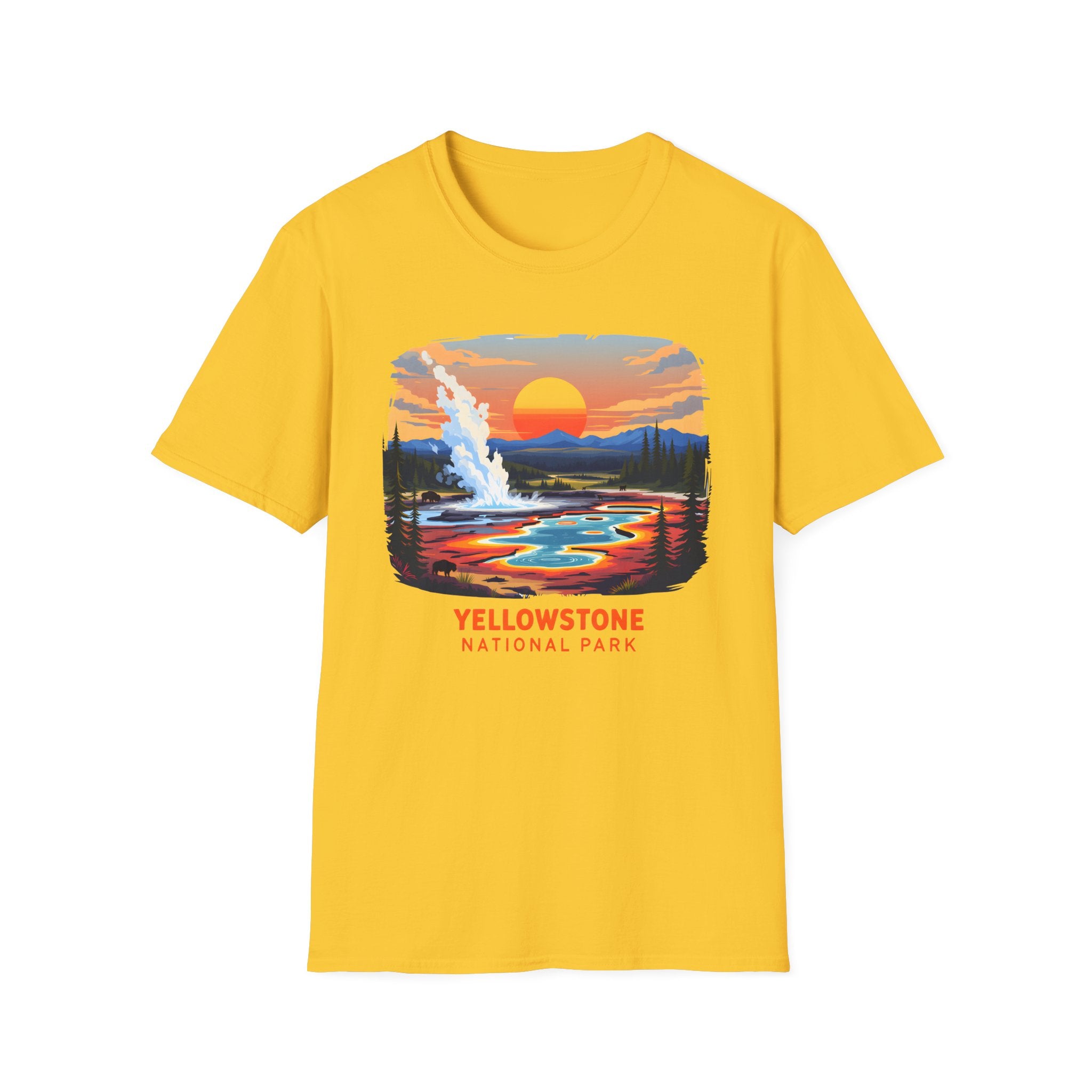 Yellowstone National Park Scenic T-Shirt — Geyser Sunset Graphic Tee