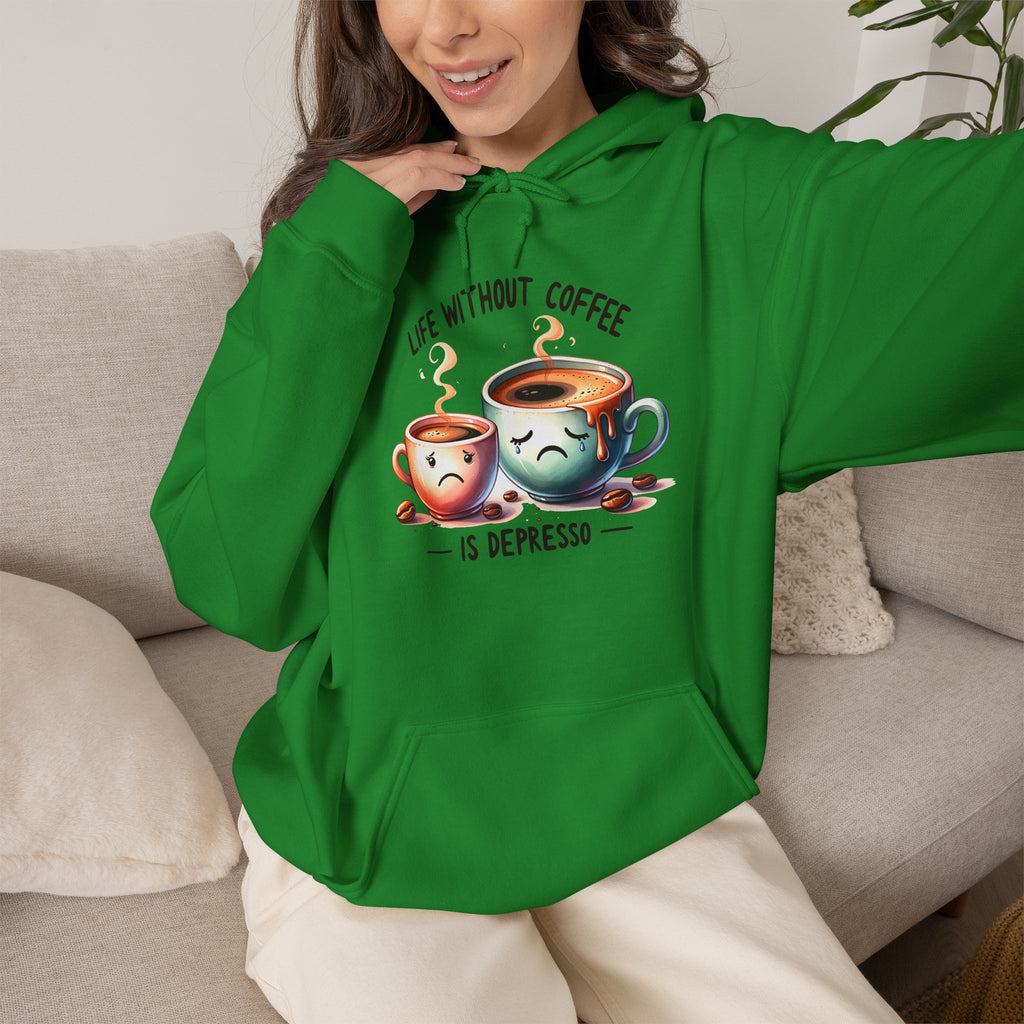 “Life Without Coffee Is Depresso” Cute Cartoon Coffee Hoodie — Coffee Lovers Hoodie