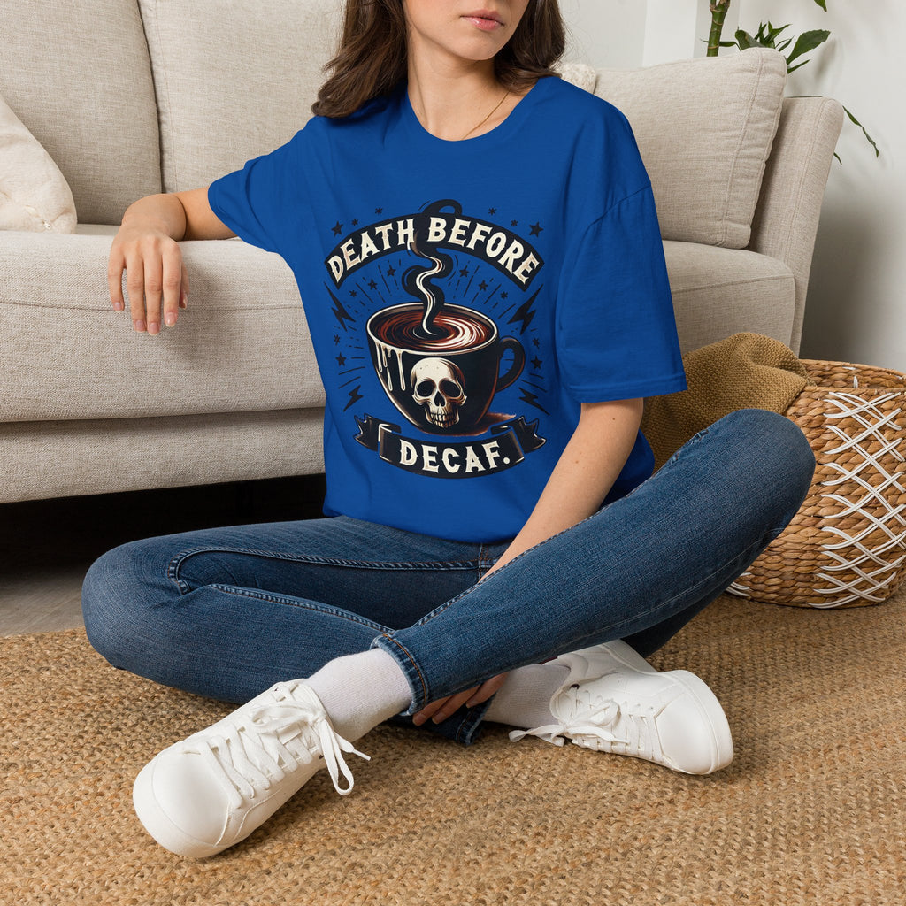 Death Before Decaf Coffee T-Shirt — Bold Skull Coffee Lover Tee