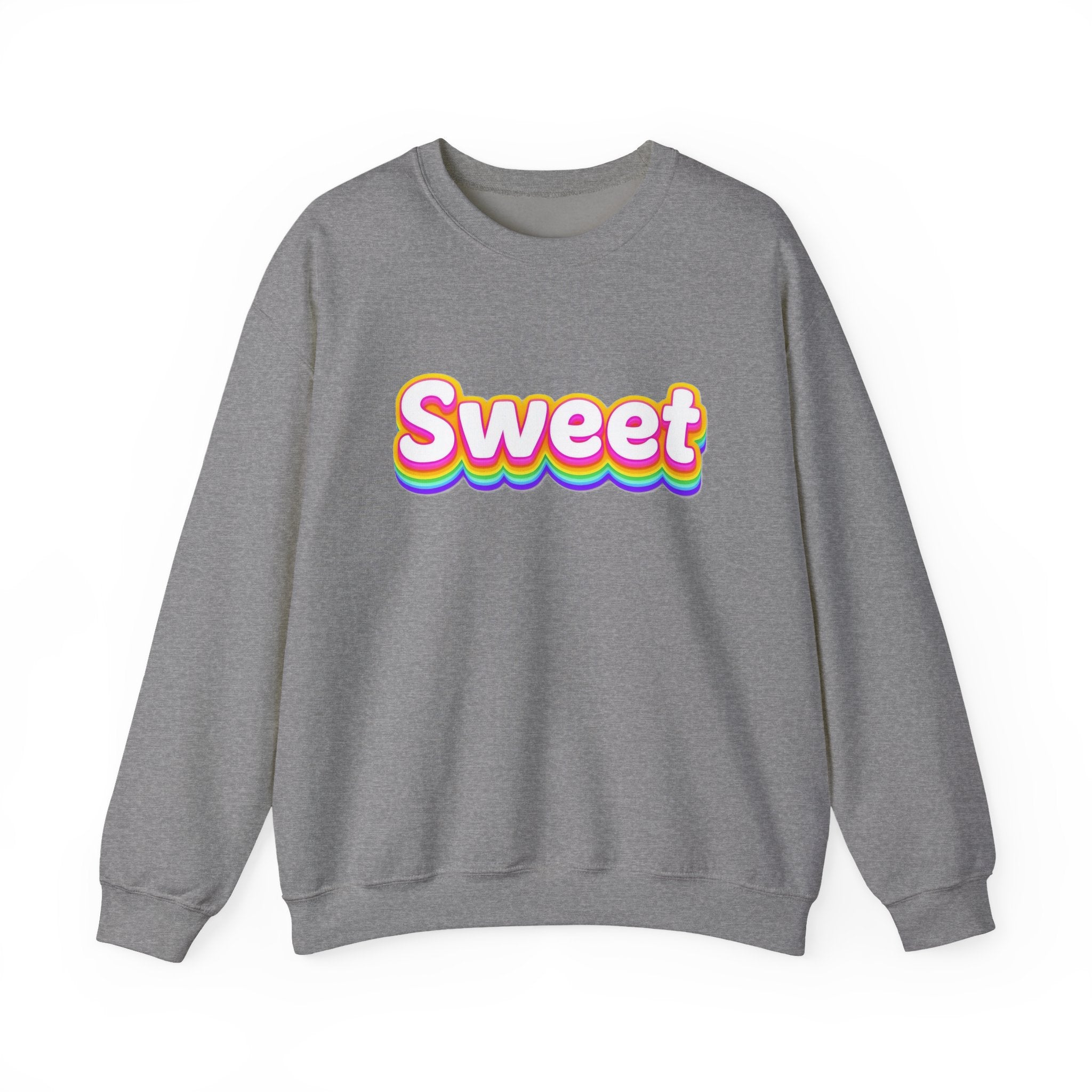 Sweet Rainbow Crewneck Sweatshirt — Retro Colorful "Sweet" Graphic