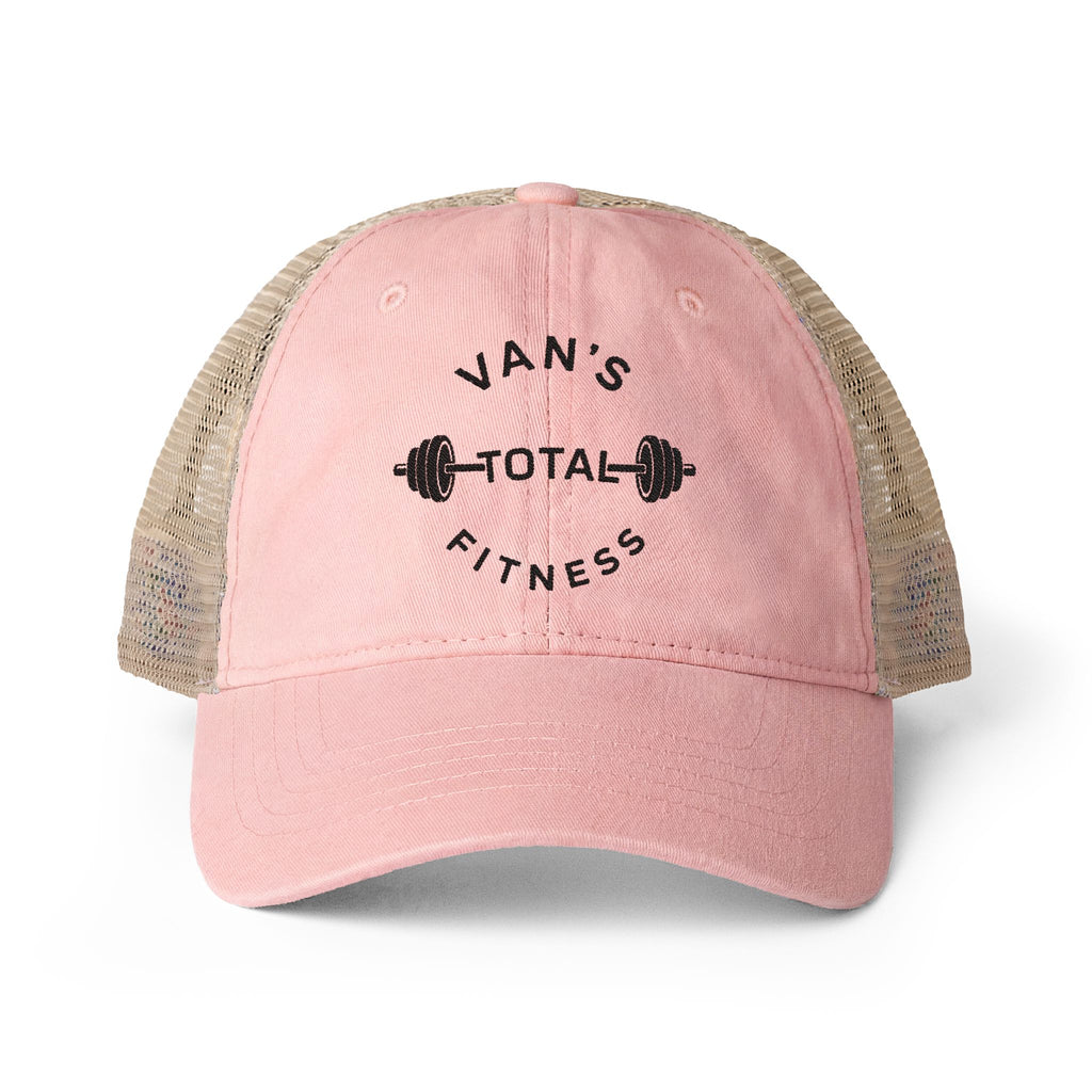 Embroidered "Van's Total Fitness" Barbell Washed Mesh-Ponytail Back Cap