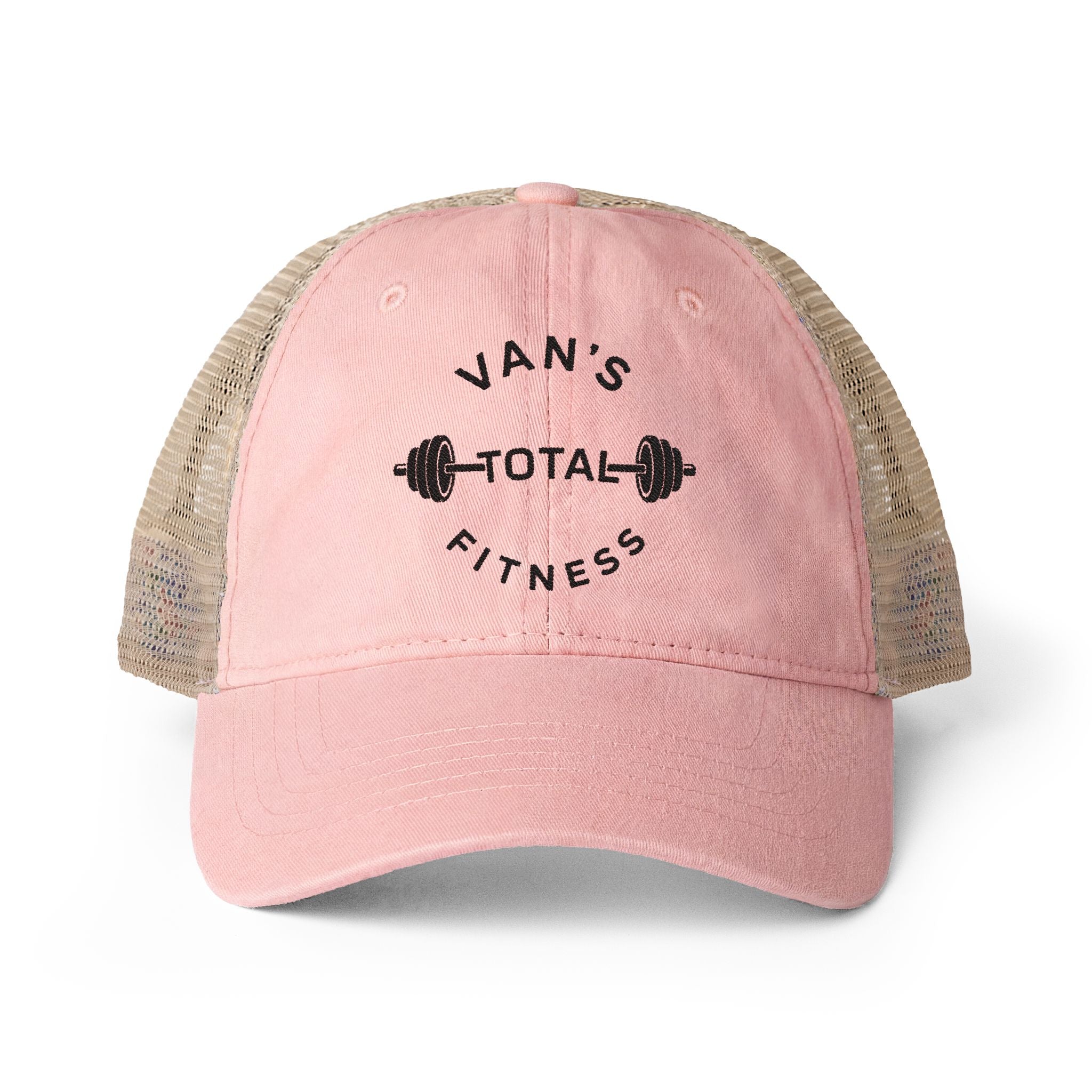 Embroidered "Van's Total Fitness" Barbell Washed Mesh-Ponytail Back Cap