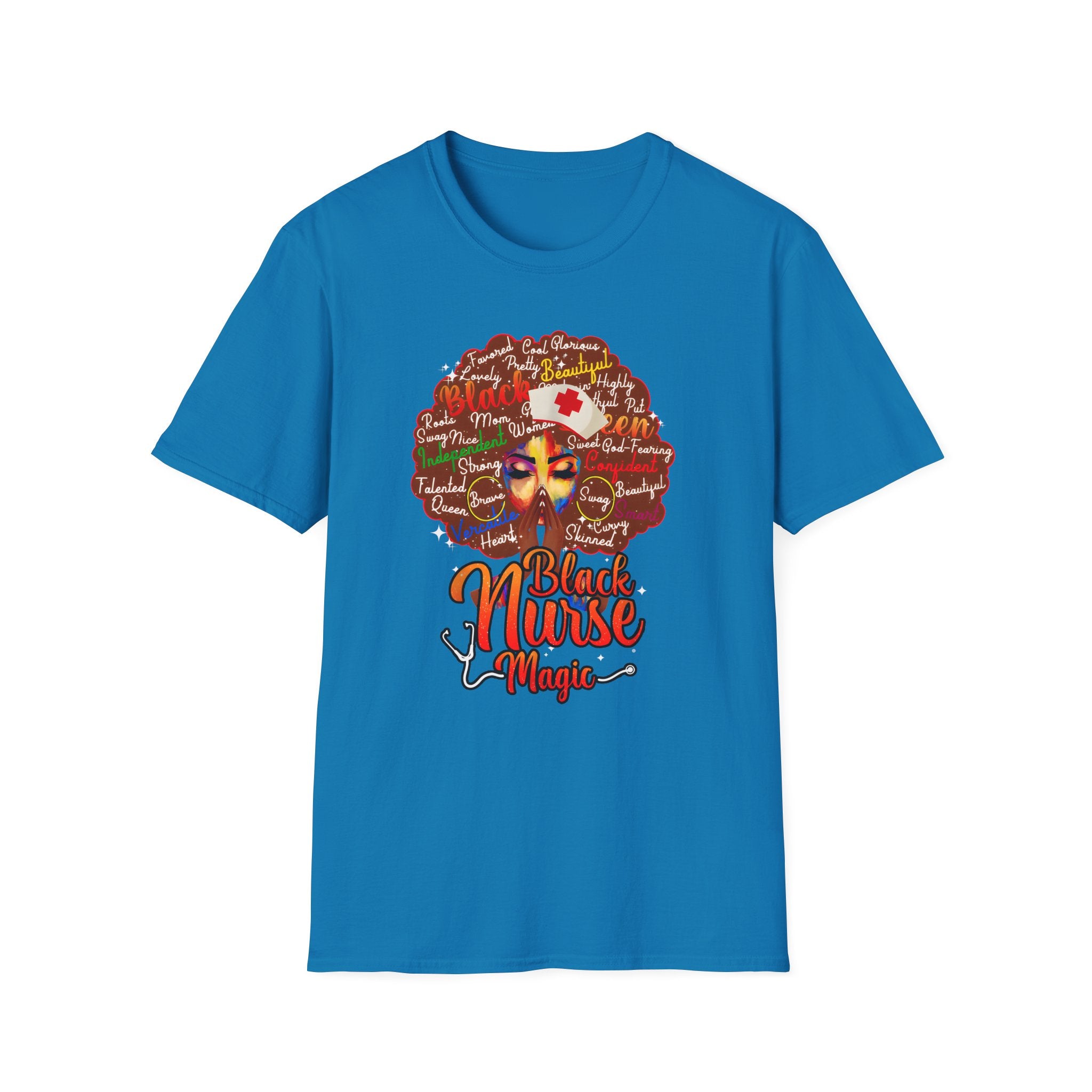 Black Nurse Magic T-Shirt — Nurse w/Brown Afro Illustration with Inspirational Words