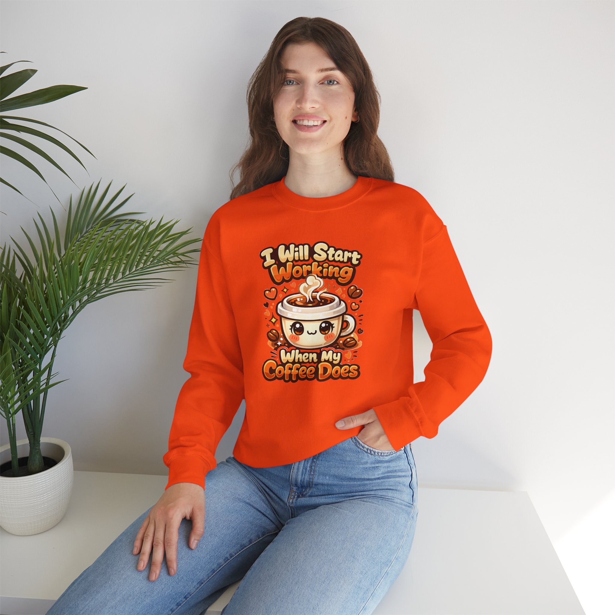 "I Will Start Working When My Coffee Does" Cute Kawaii Crewneck — Coffee Sweatshirt