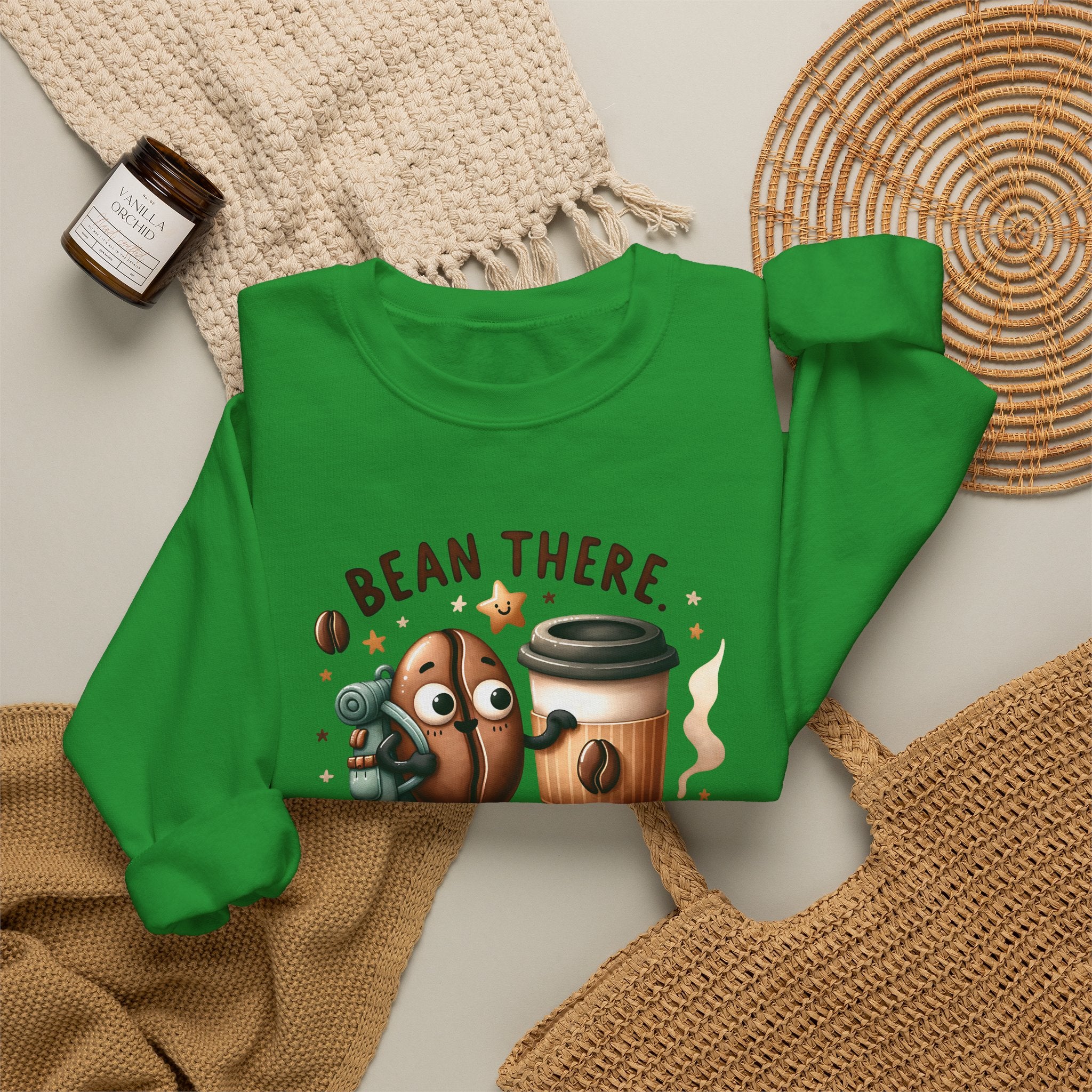 Coffee Crewneck Sweatshirt — “Bean There, Brewed That” Cute Coffee Bean Design