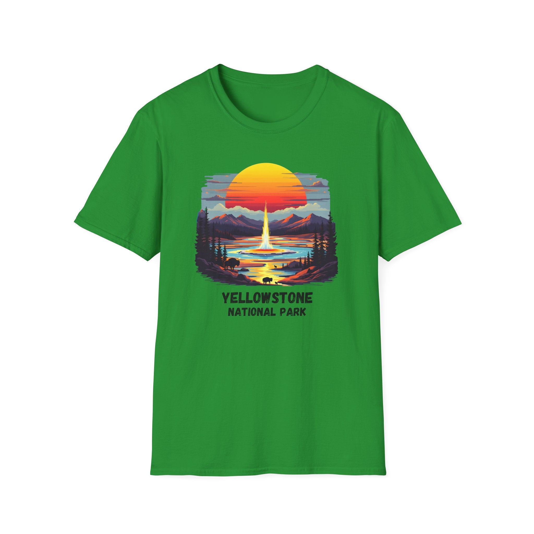 Yellowstone National Park T-Shirt — Retro Geyser Sunset Outdoor Tee