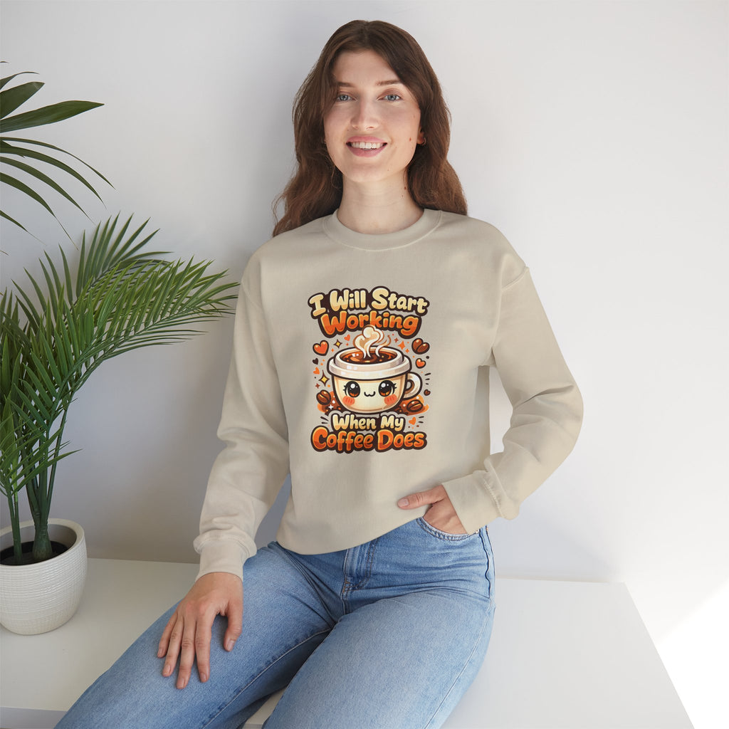 "I Will Start Working When My Coffee Does" Cute Kawaii Crewneck — Coffee Sweatshirt