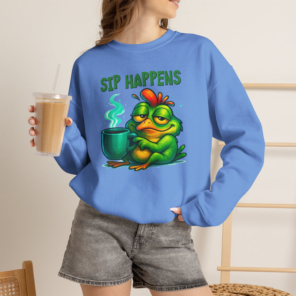 Sip Happens Sweatshirt — Funny Frog Coffee Crewneck
