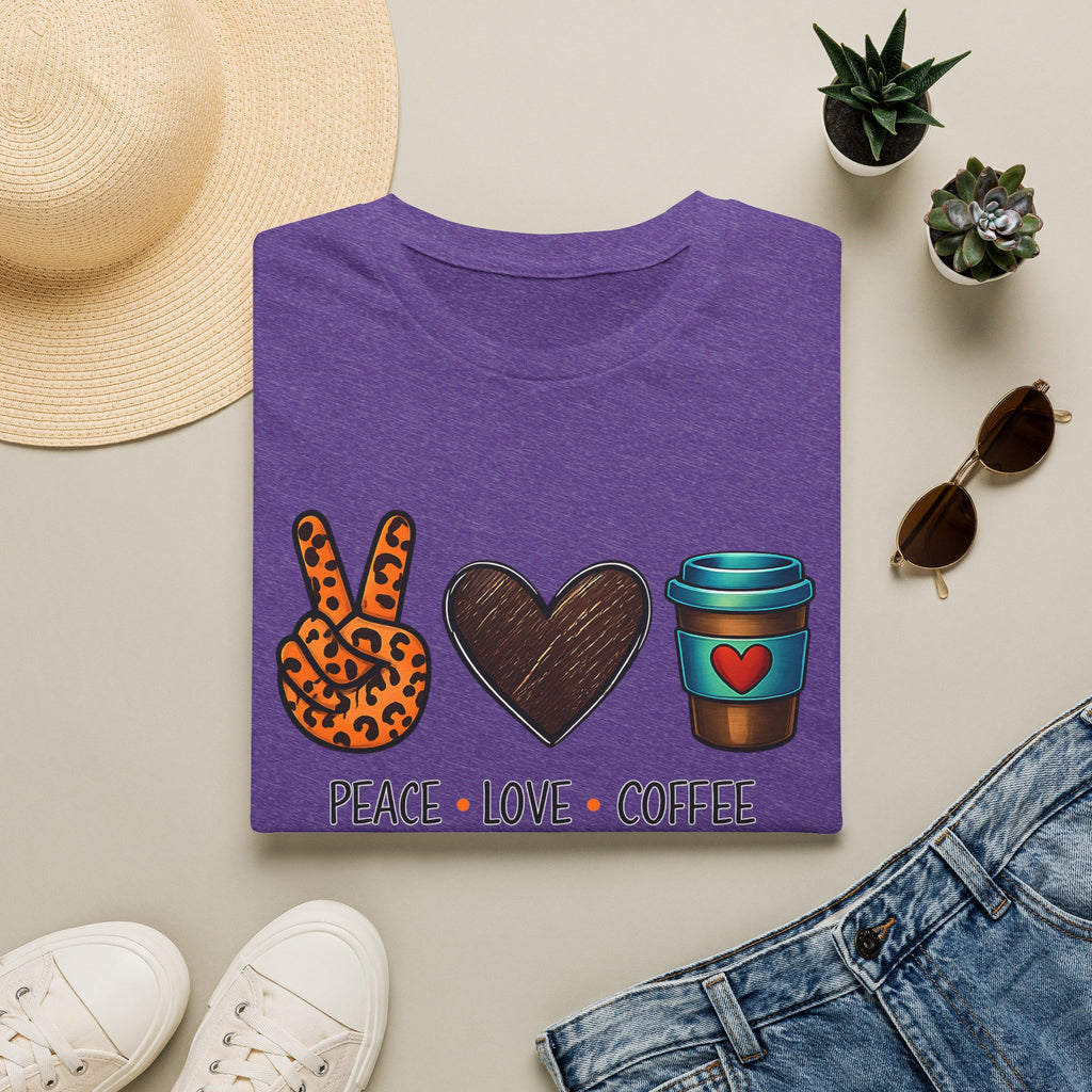 Peace Love Coffee T-Shirt — Retro Leopard Peace Sign & Heart Coffee Cup Tee
