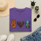 Peace Love Coffee T-Shirt — Retro Leopard Peace Sign & Heart Coffee Cup Tee