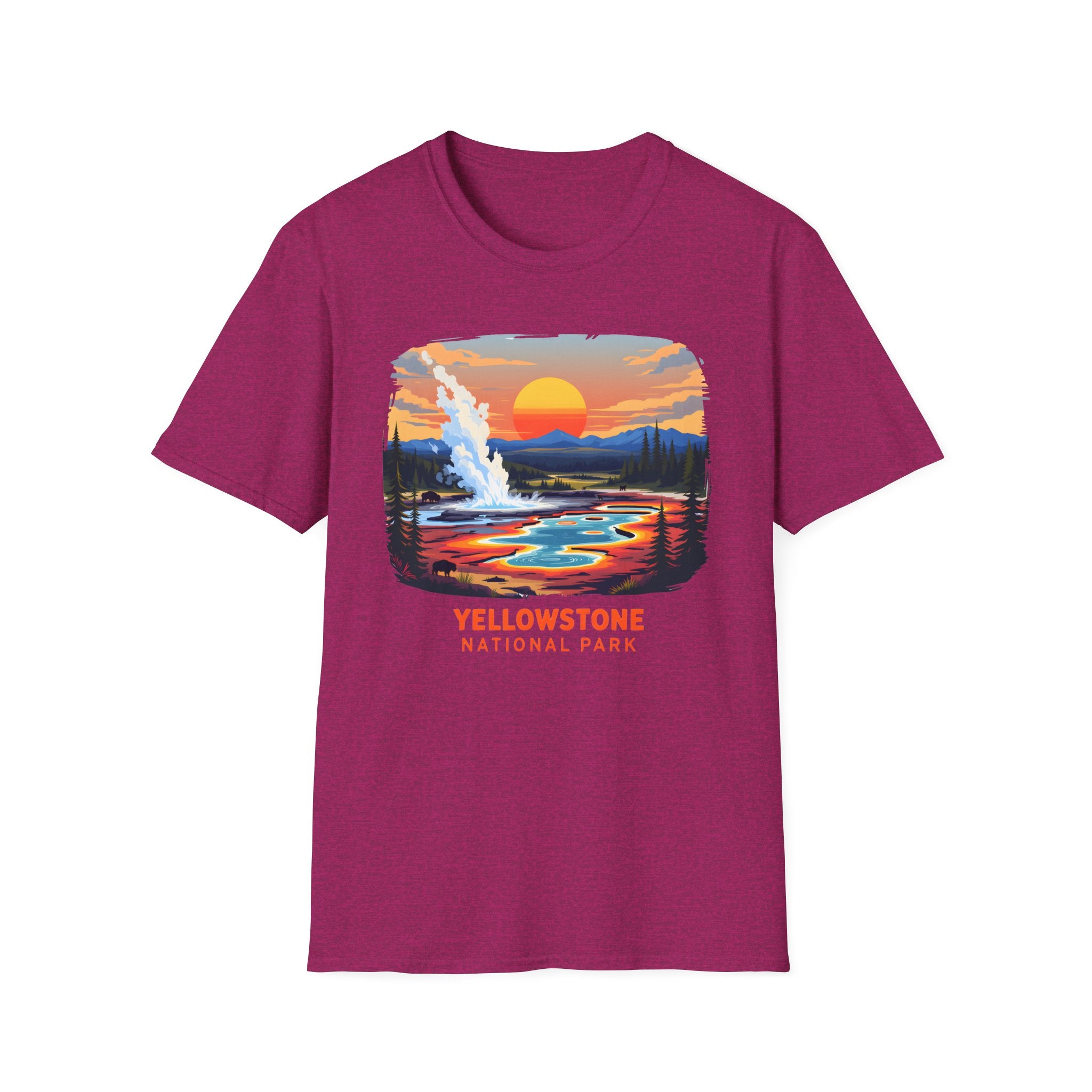 Yellowstone National Park Scenic T-Shirt — Geyser Sunset Graphic Tee