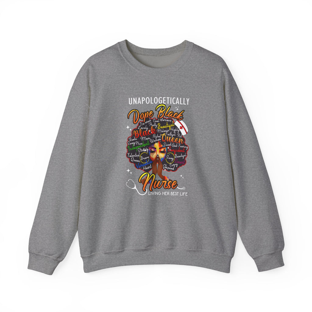 Dope Black Nurse Crewneck Sweatshirt – "Nurse Living Her Best Life" Graphic Black Afro