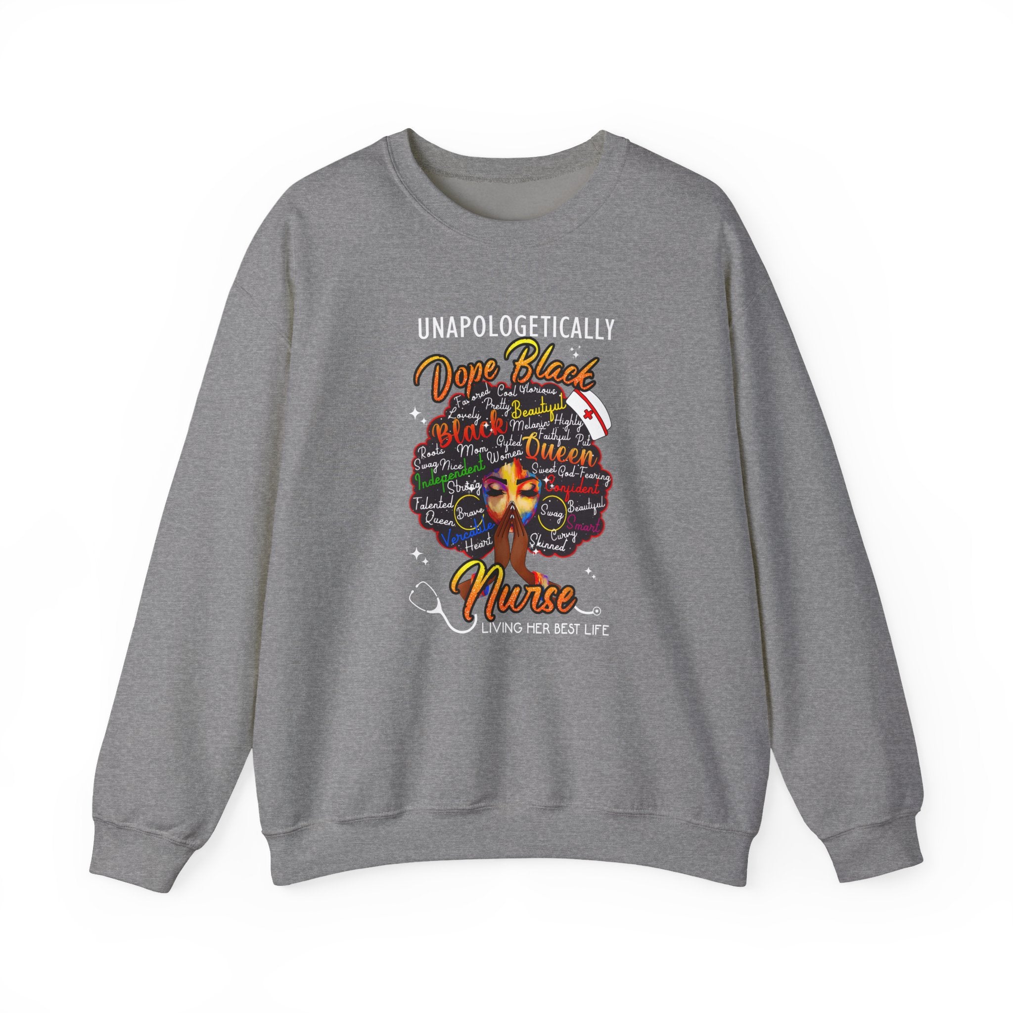 Dope Black Nurse Crewneck Sweatshirt – "Nurse Living Her Best Life" Graphic Black Afro