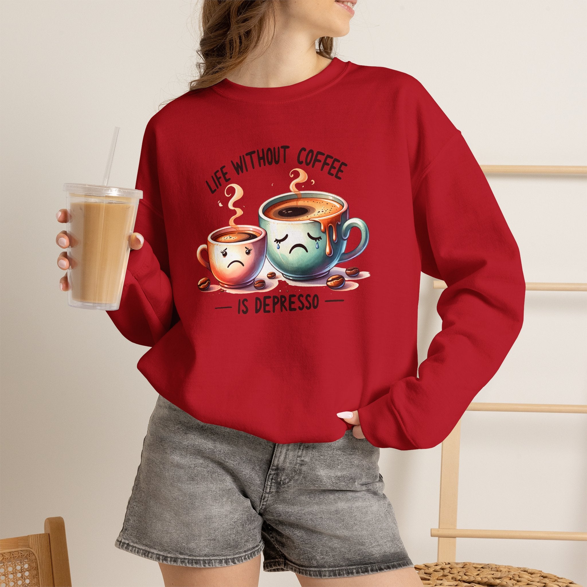 "Life Without Coffee Is Depresso" Cute Cafe Graphic — Coffee Crewneck Sweatshirt
