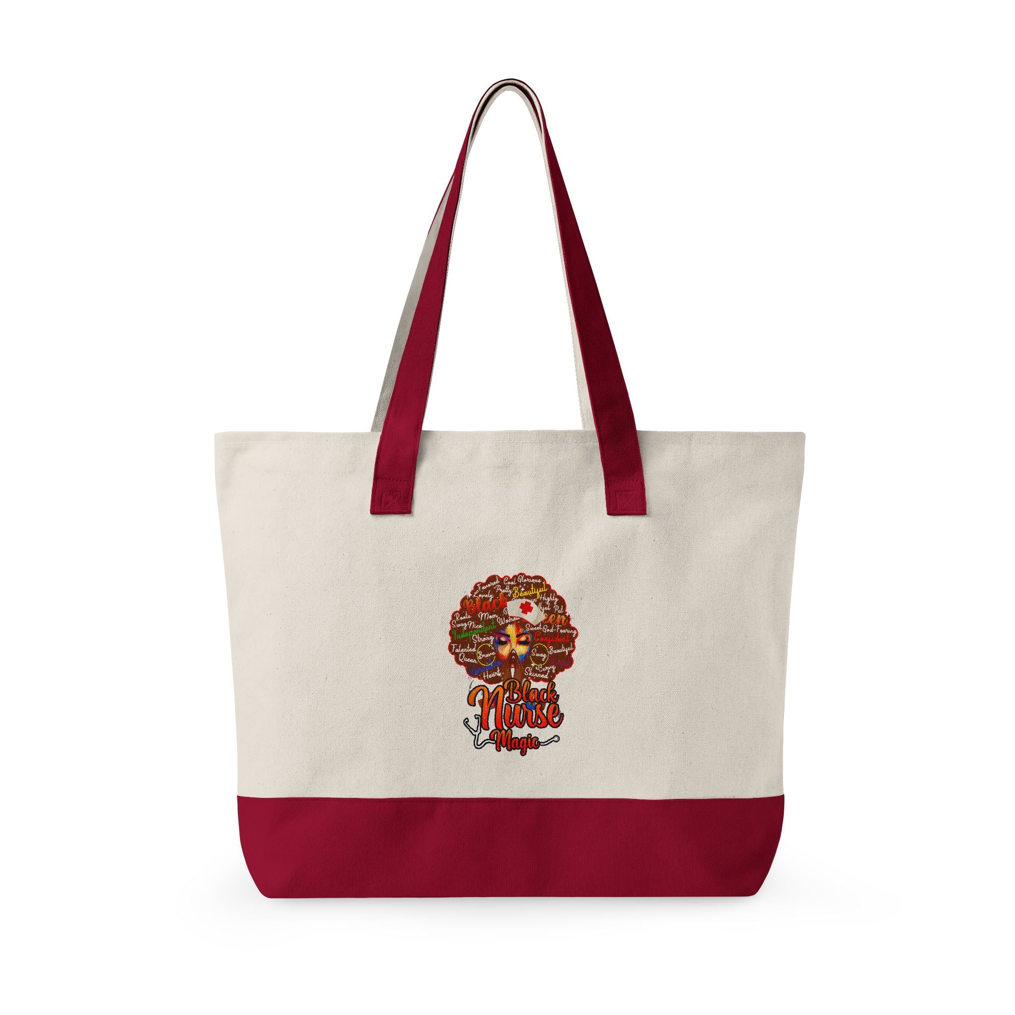 Black Nurse Magic w/Brown Afro Canvas Tote — Zippered Floral Calavera Bag