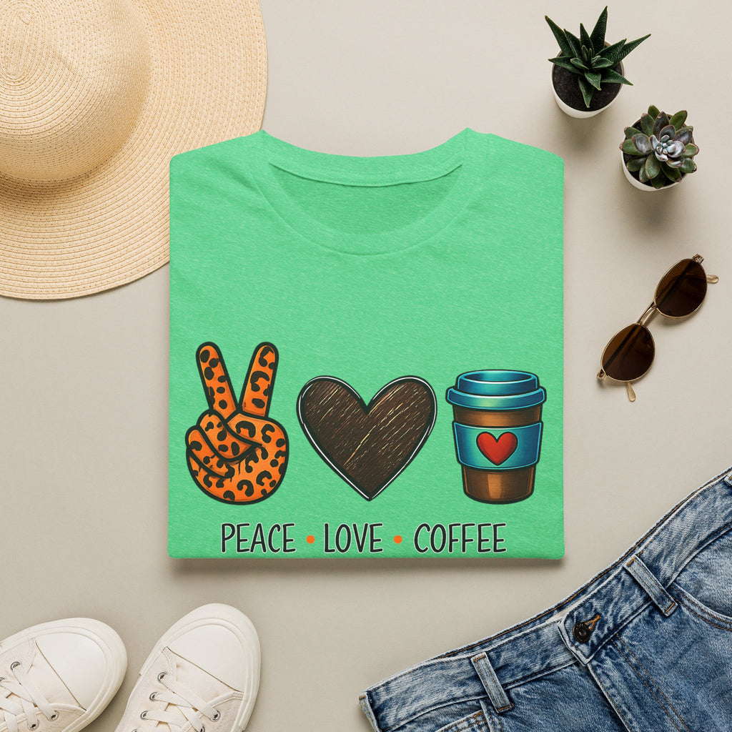 Peace Love Coffee T-Shirt — Retro Leopard Peace Sign & Heart Coffee Cup Tee