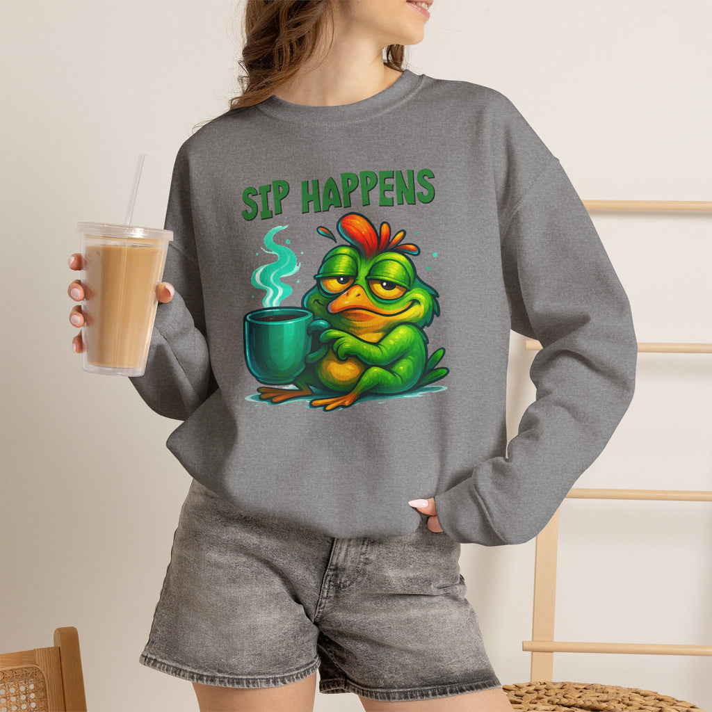 Sip Happens Sweatshirt — Funny Frog Coffee Crewneck