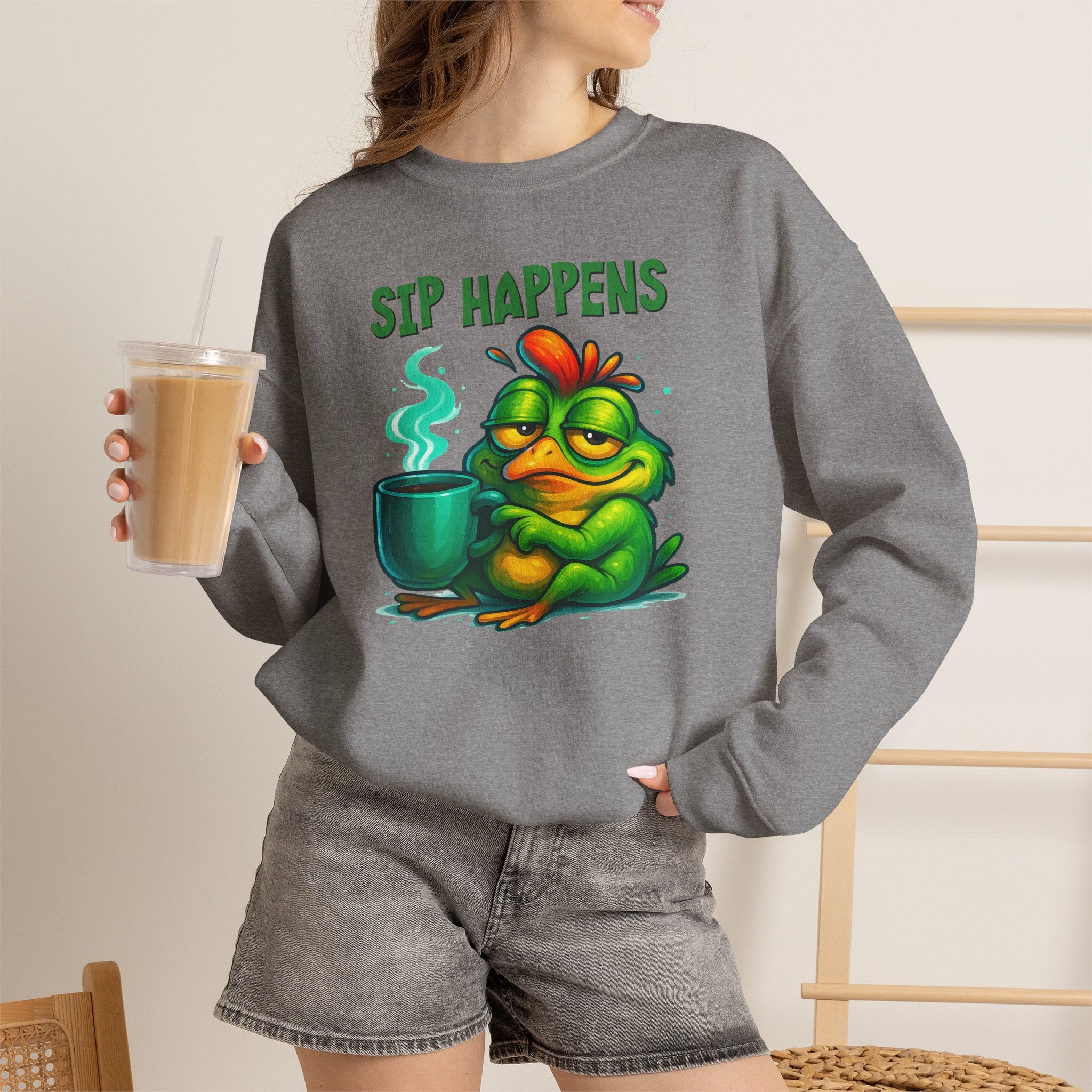 Sip Happens Sweatshirt — Funny Frog Coffee Crewneck