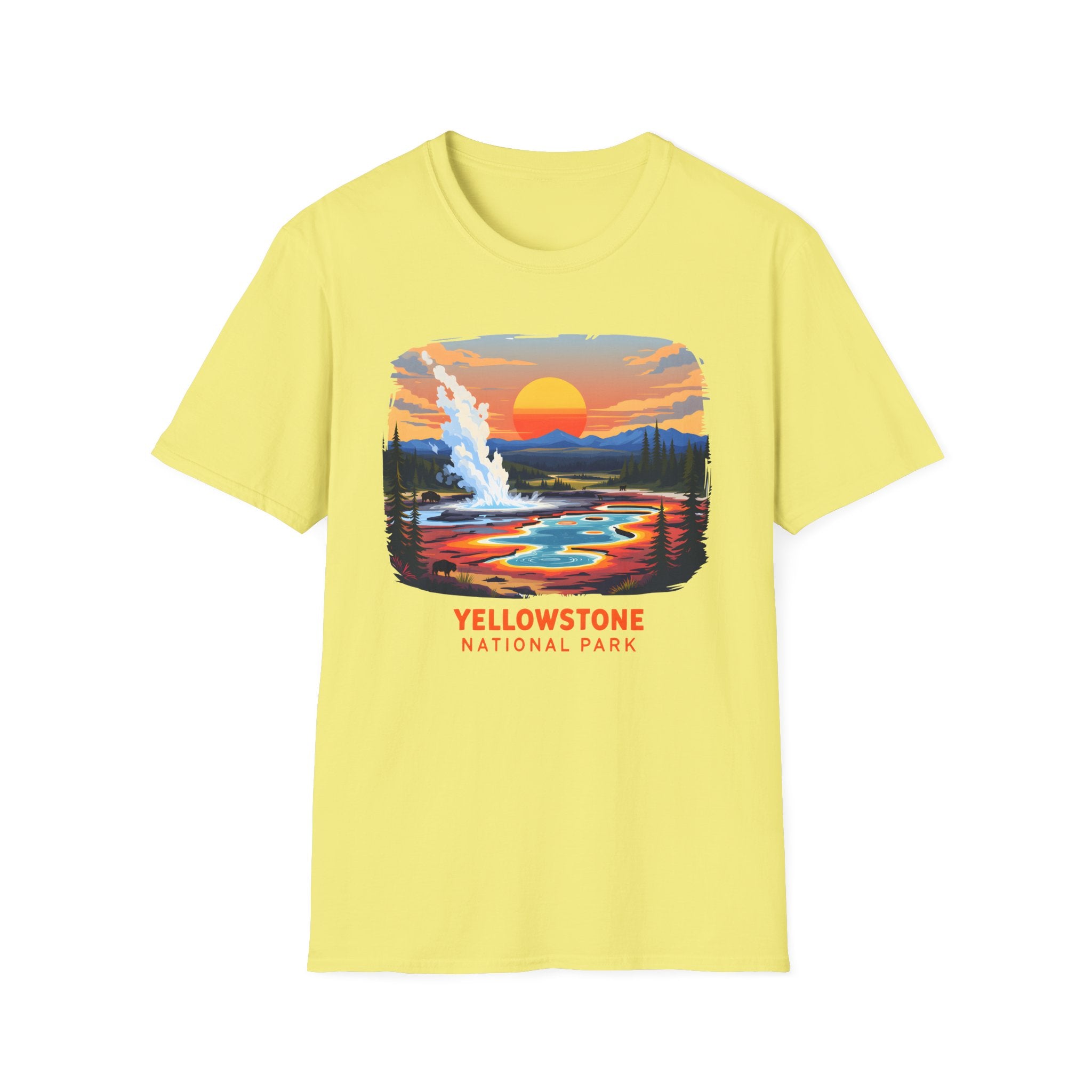 Yellowstone National Park Scenic T-Shirt — Geyser Sunset Graphic Tee