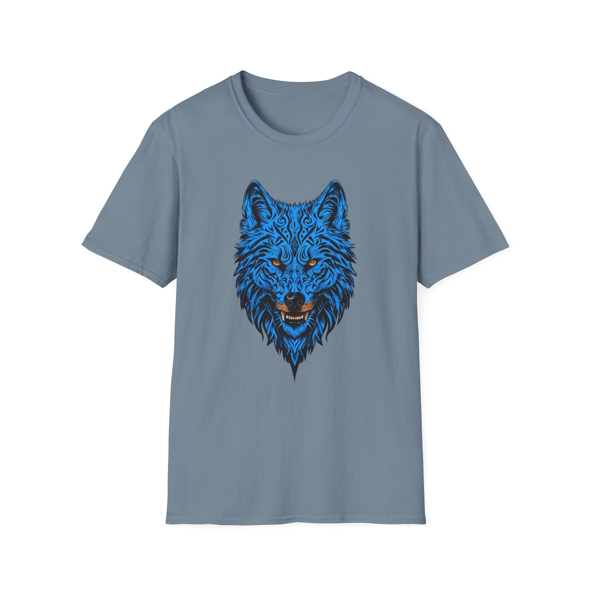 Blue Wolf Head T-Shirt – Stylized Tribal Wolf Graphic Tee
