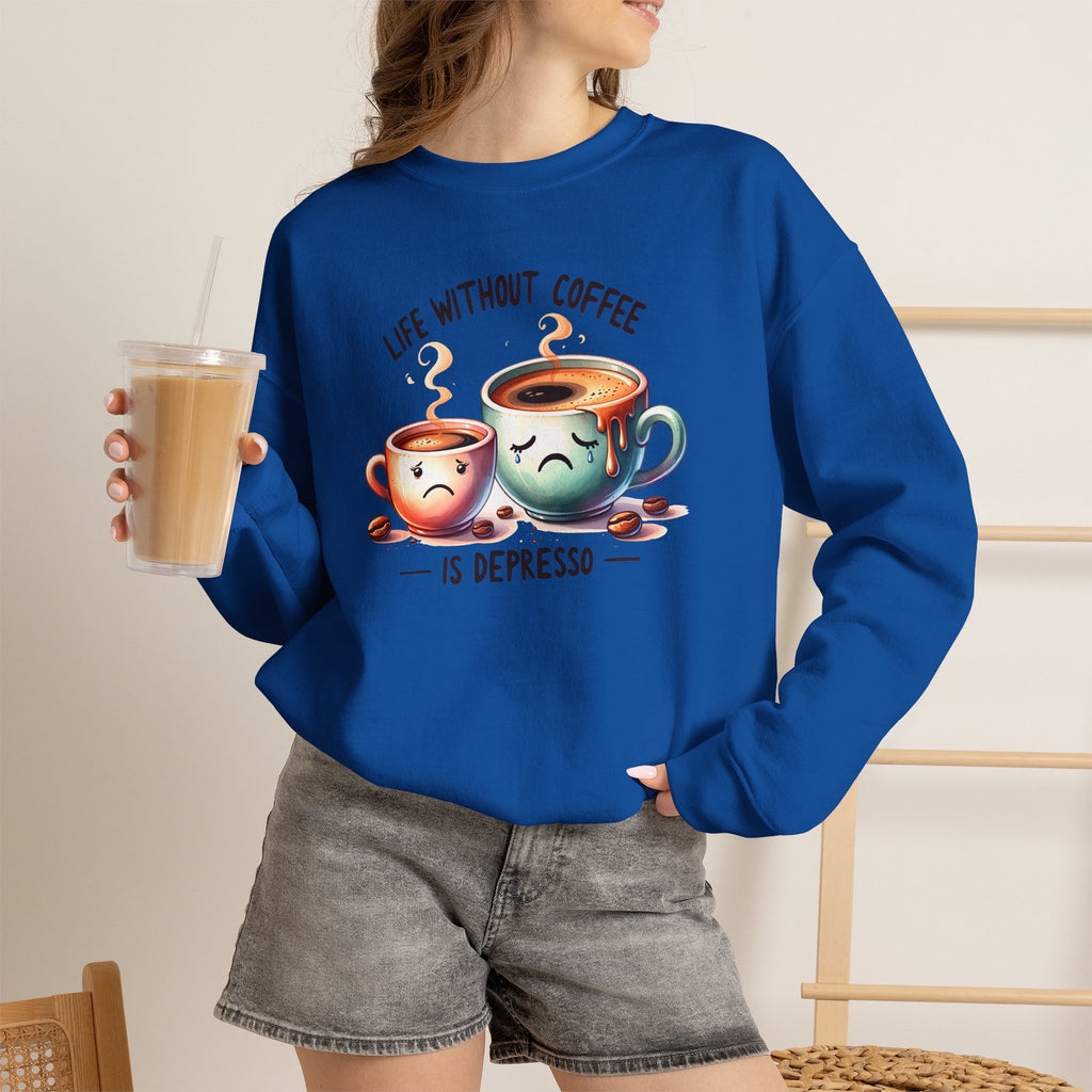 "Life Without Coffee Is Depresso" Cute Cafe Graphic — Coffee Crewneck Sweatshirt