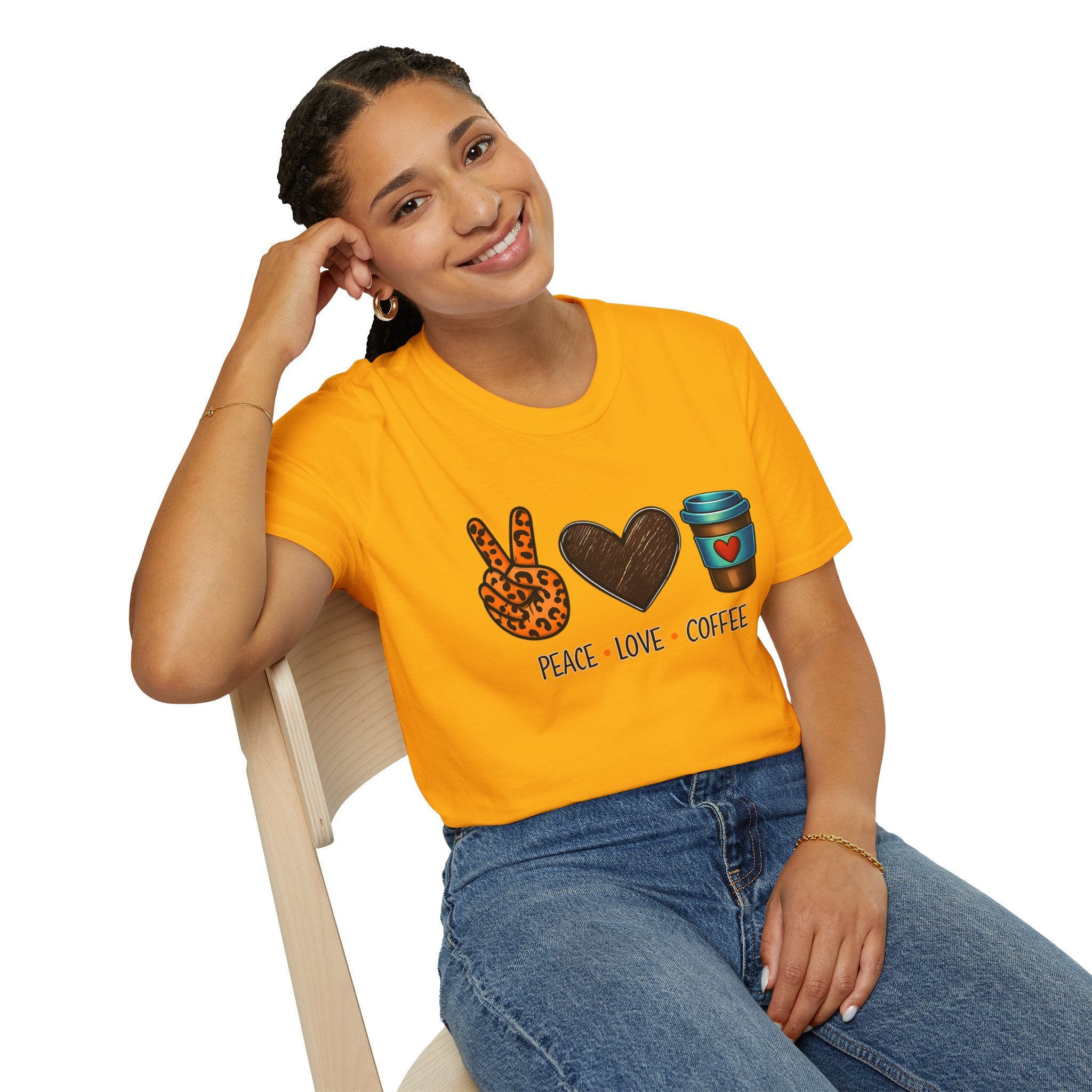 Peace Love Coffee T-Shirt — Retro Leopard Peace Sign & Heart Coffee Cup Tee
