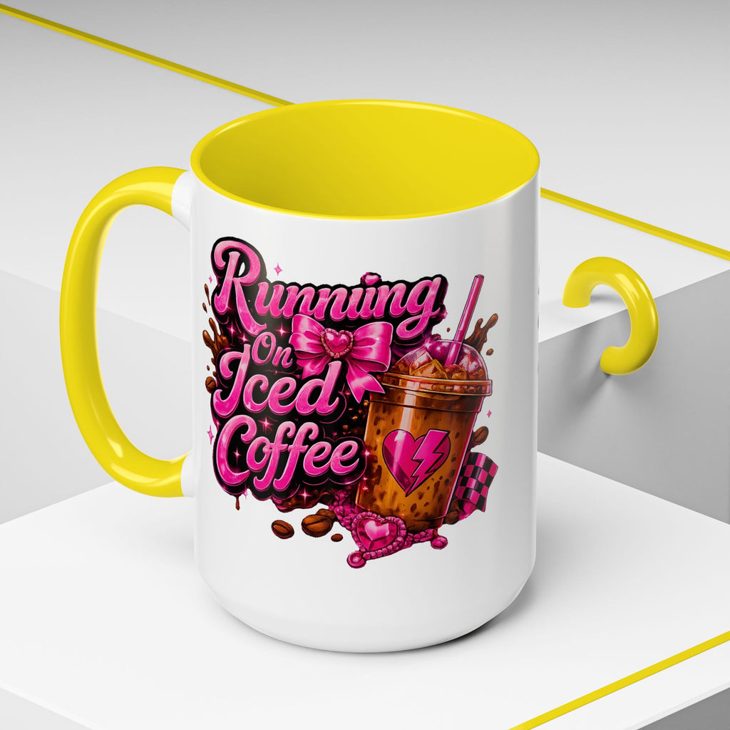 "Running on Iced Coffee" Pink Graphic Accent Mug (11/15oz) — Coffee Mug