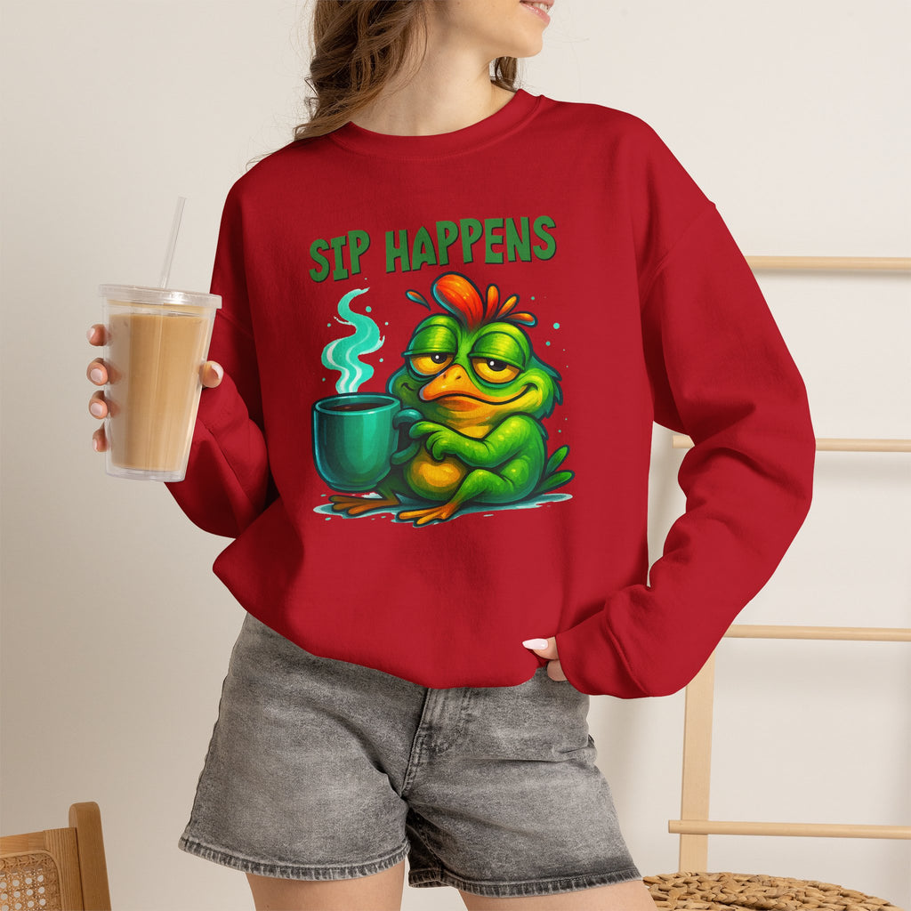 Sip Happens Sweatshirt — Funny Frog Coffee Crewneck