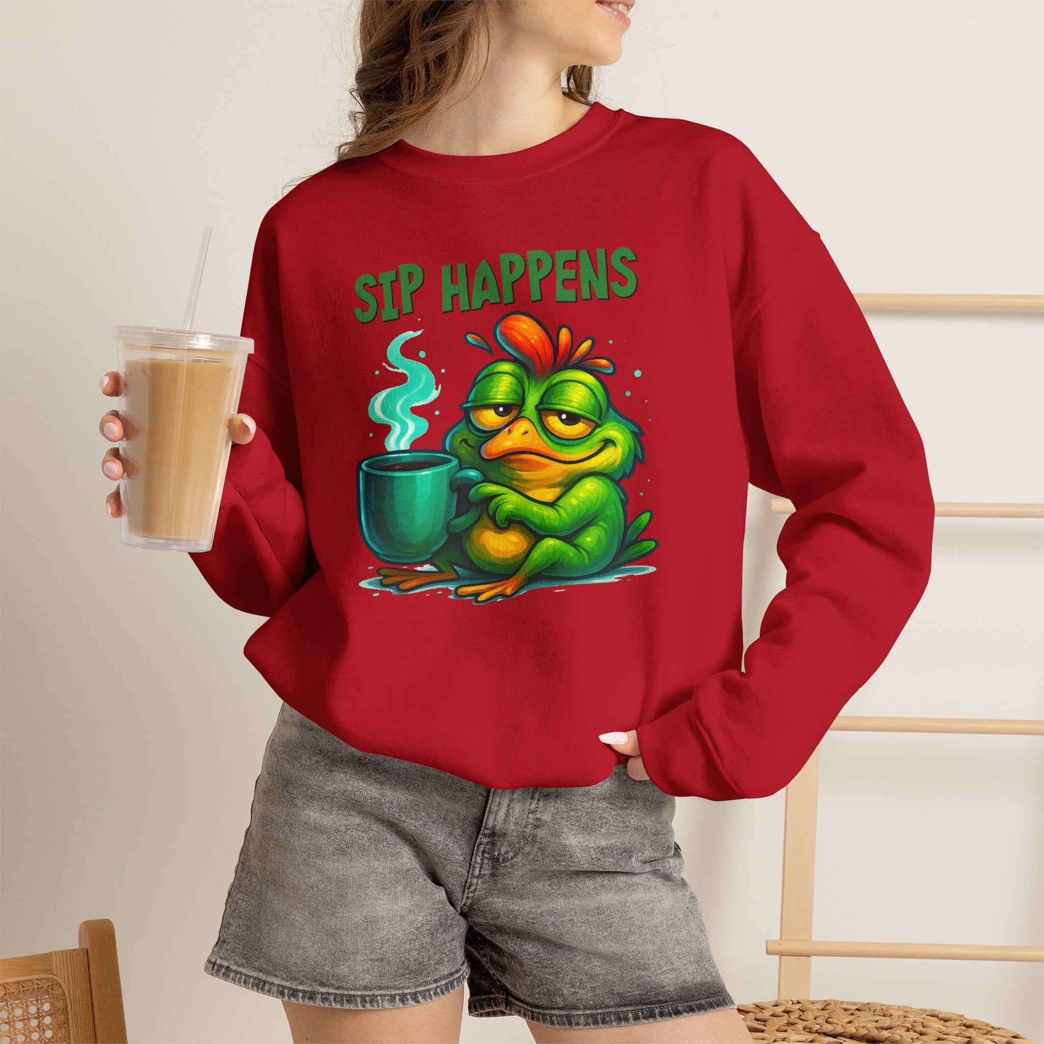 Sip Happens Sweatshirt — Funny Frog Coffee Crewneck