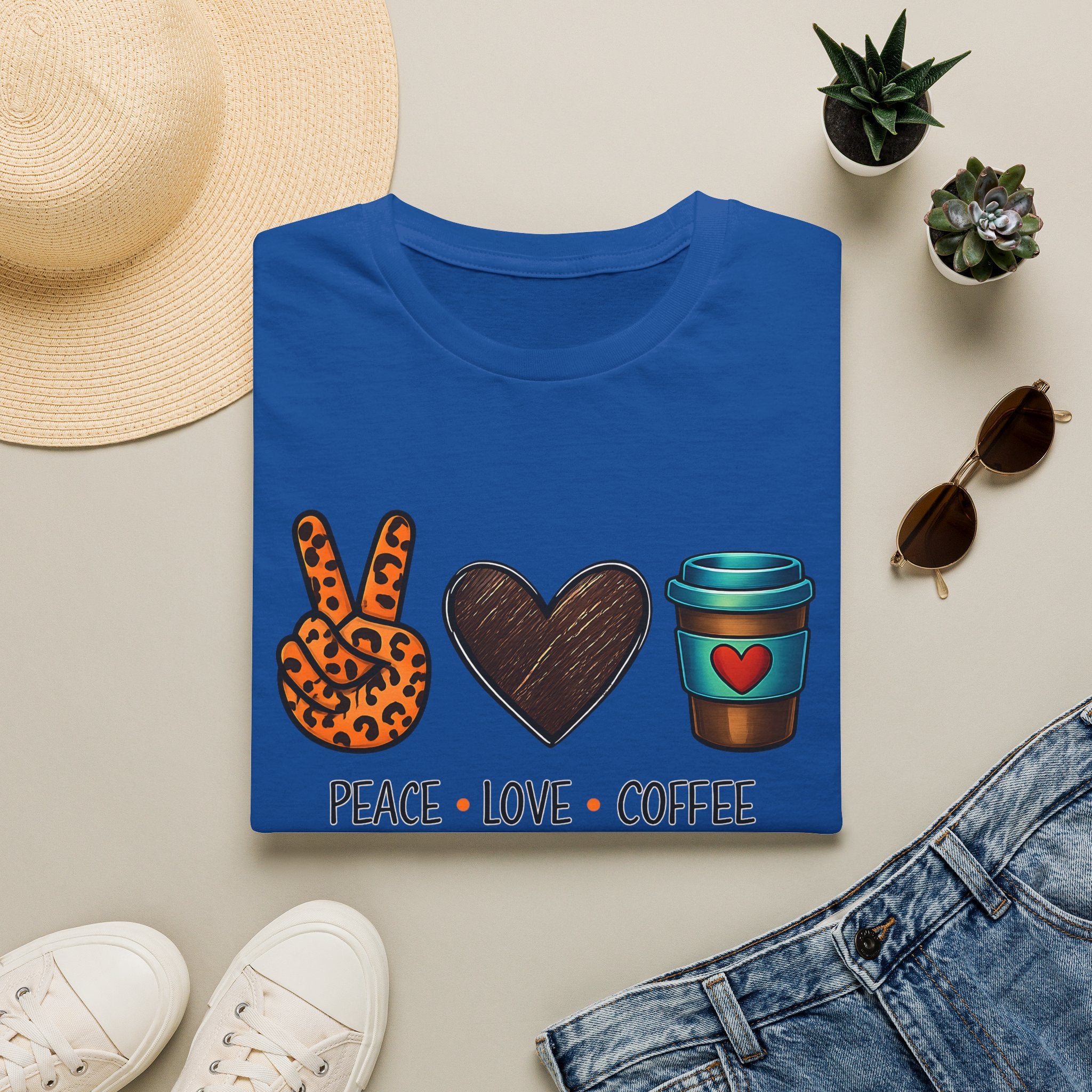Peace Love Coffee T-Shirt — Retro Leopard Peace Sign & Heart Coffee Cup Tee