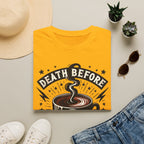 Death Before Decaf Coffee T-Shirt — Bold Skull Coffee Lover Tee