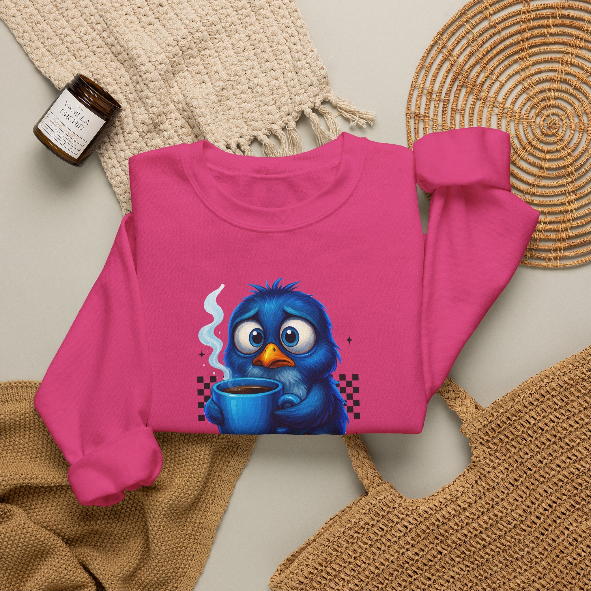 Coffee First Adult Sweatshirt — Cute Blue Bird Coffee Crewneck