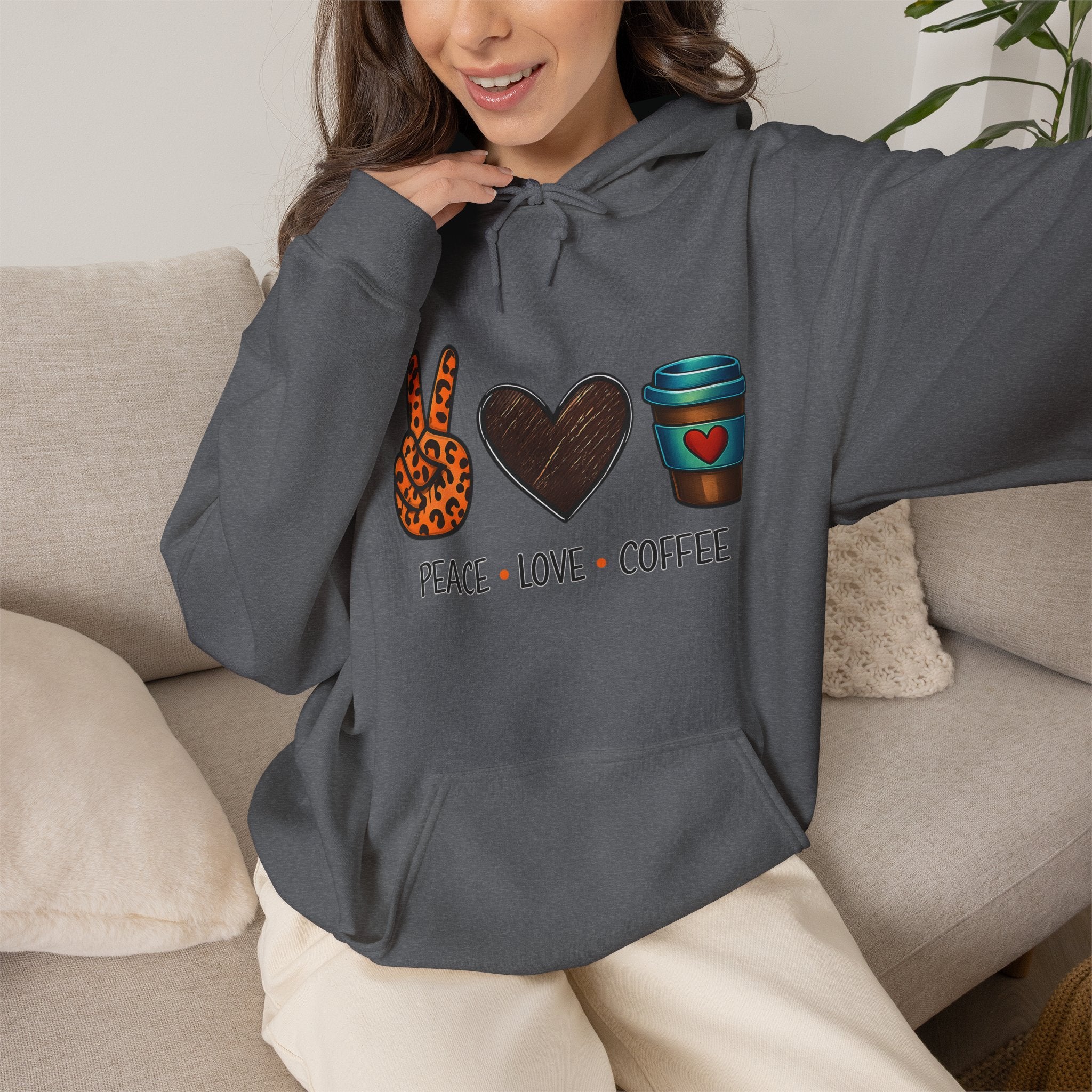 Peace • Love • Coffee Hoodie — Leopard Peace Sign & Coffee Cup Graphic Sweatshirt