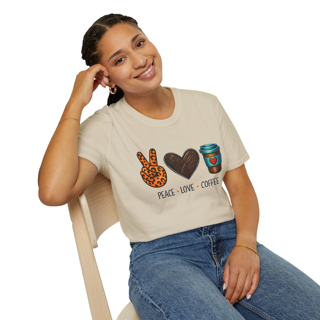 Peace Love Coffee T-Shirt — Retro Leopard Peace Sign & Heart Coffee Cup Tee