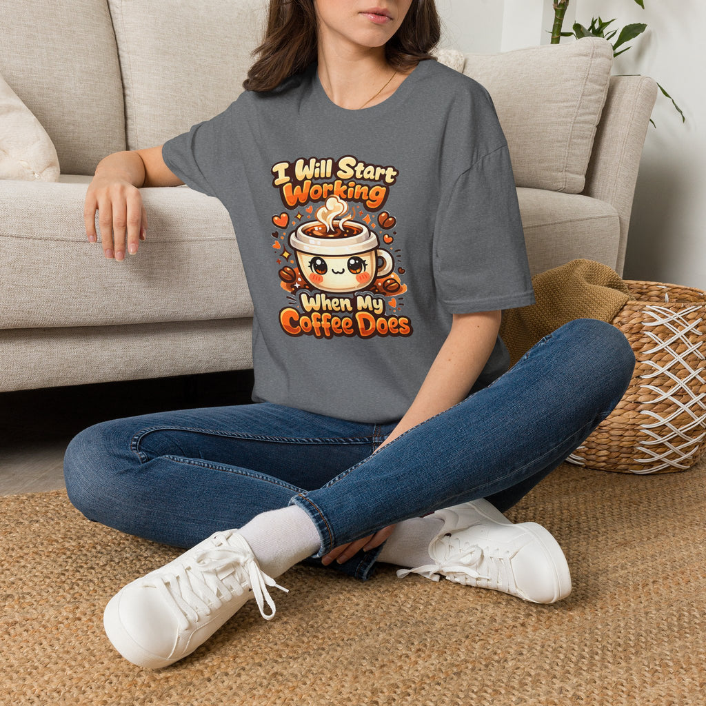 “I Will Start Working When My Coffee Does” Cute Kawaii Coffee Shirt — Coffee T‑Shirt