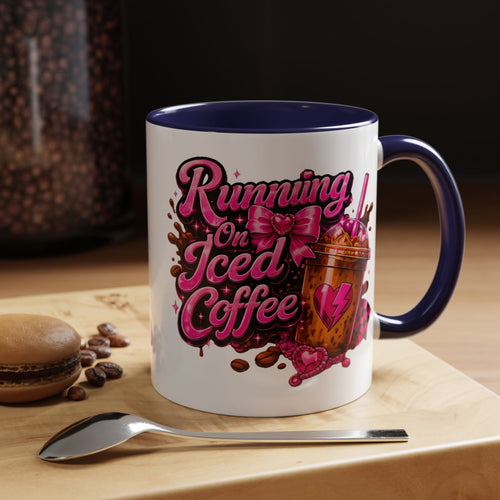 "Running on Iced Coffee" Pink Graphic Accent Mug (11/15oz) — Coffee Mug