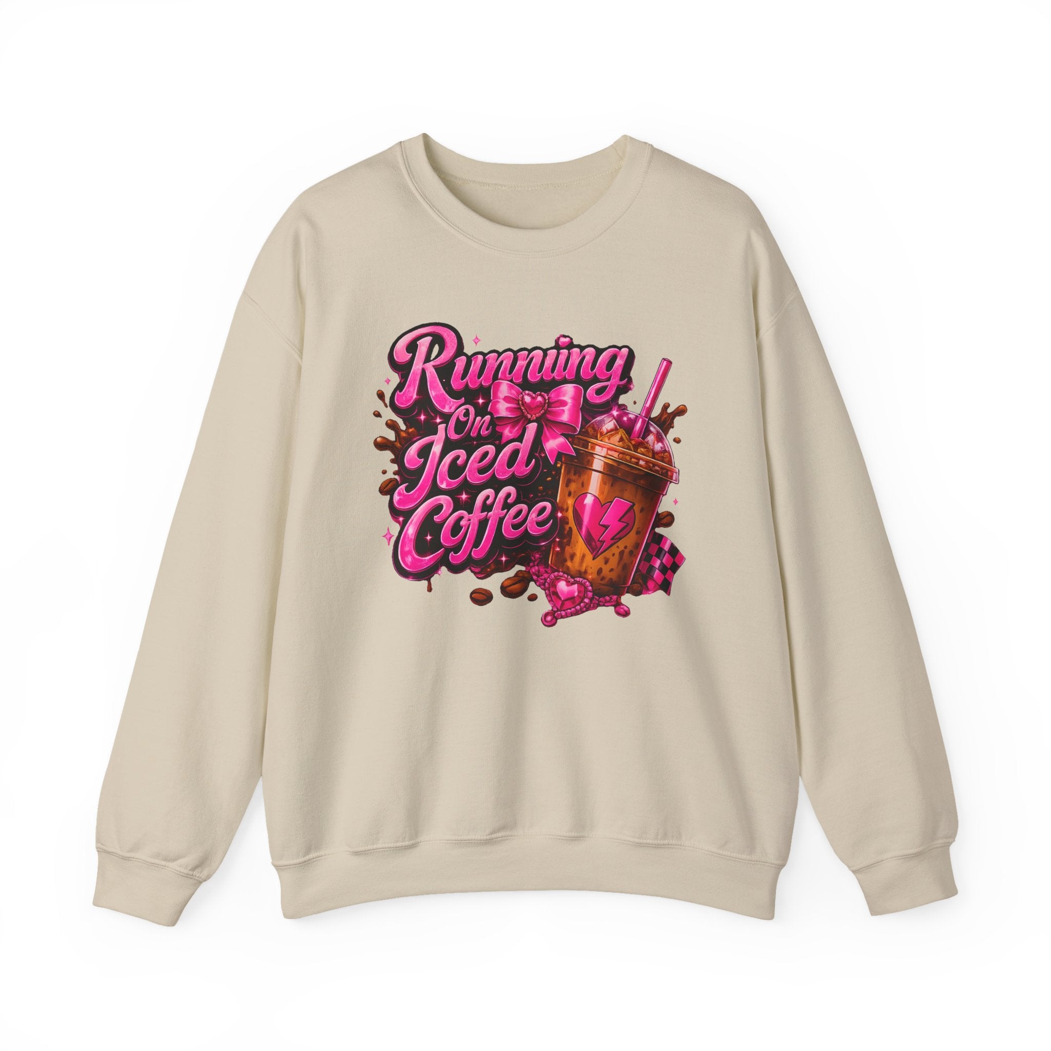 "Running On Iced Coffee" Graphic Cozy Coffee Lover — Pullover Crewneck Sweatshirt