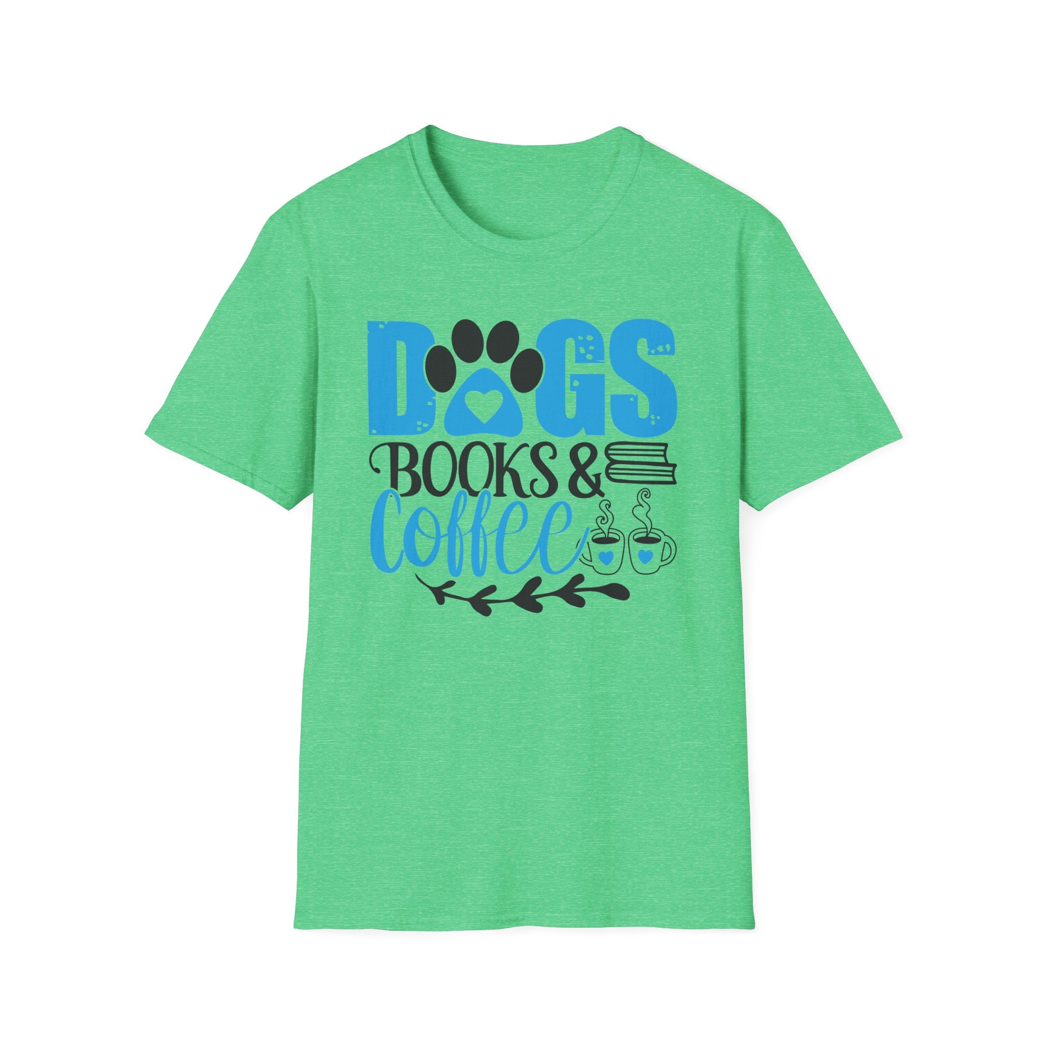 Dogs Books & Coffee T-Shirt (Blue) — Cute Paw, Book & Coffee Graphic Tee for Dog Lovers