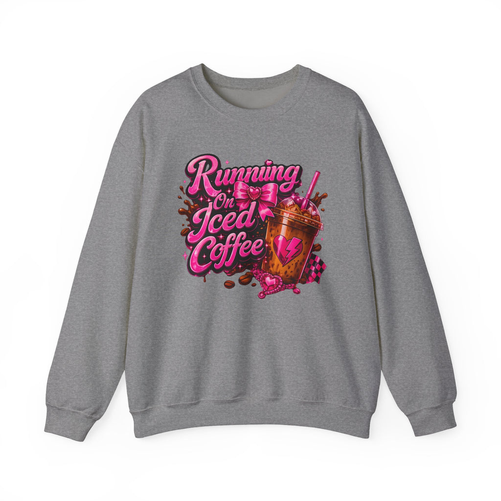 "Running On Iced Coffee" Graphic Cozy Coffee Lover — Pullover Crewneck Sweatshirt