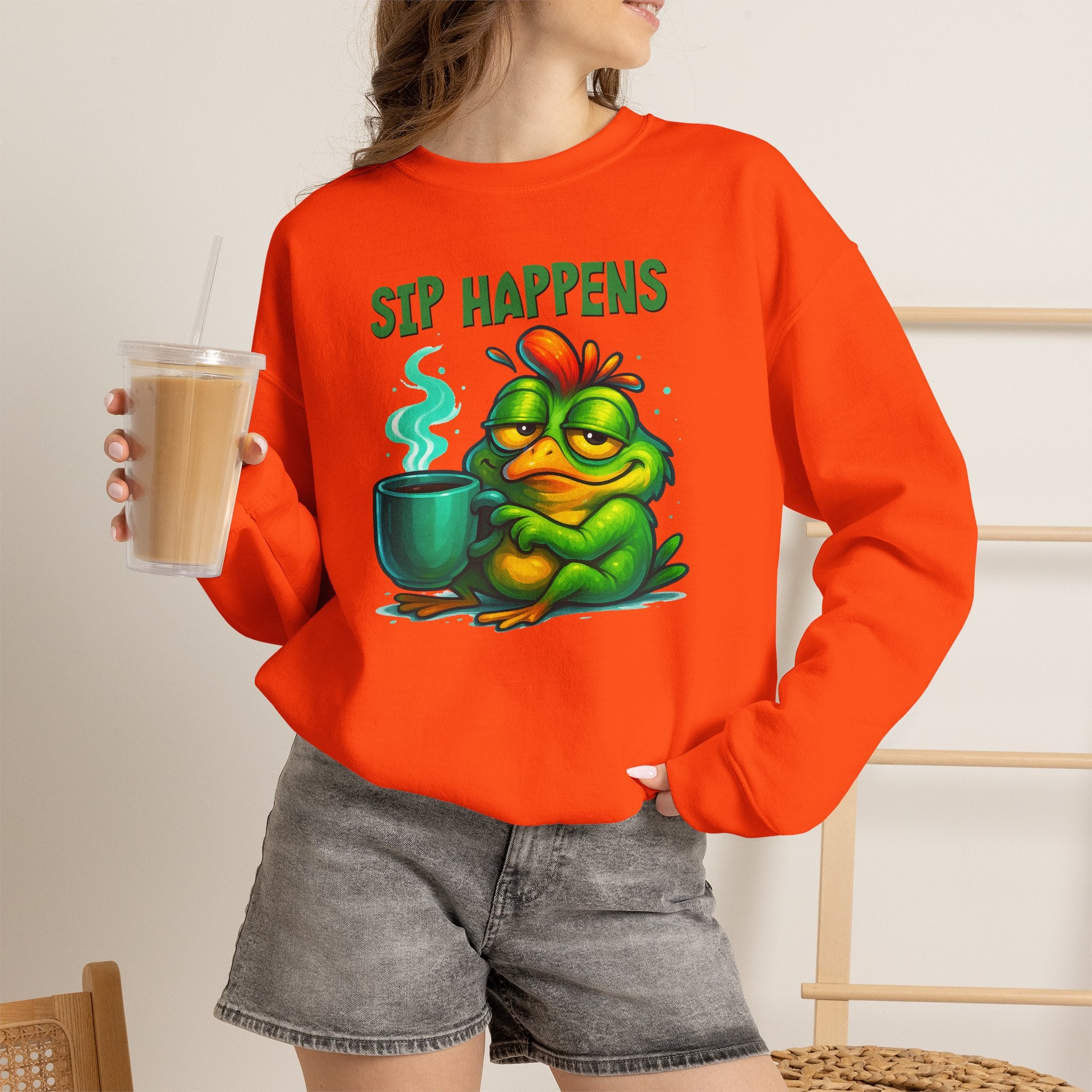 Sip Happens Sweatshirt — Funny Frog Coffee Crewneck