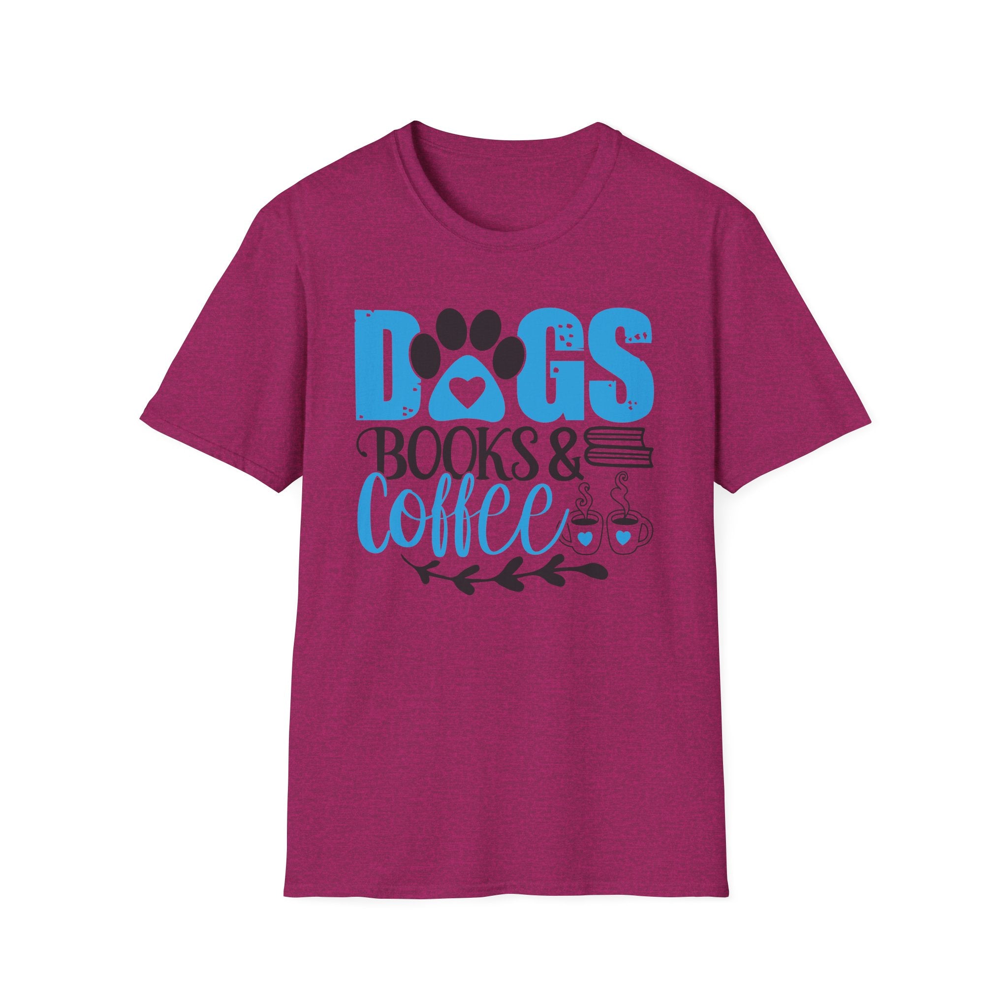 Dogs Books & Coffee T-Shirt (Blue) — Cute Paw, Book & Coffee Graphic Tee for Dog Lovers