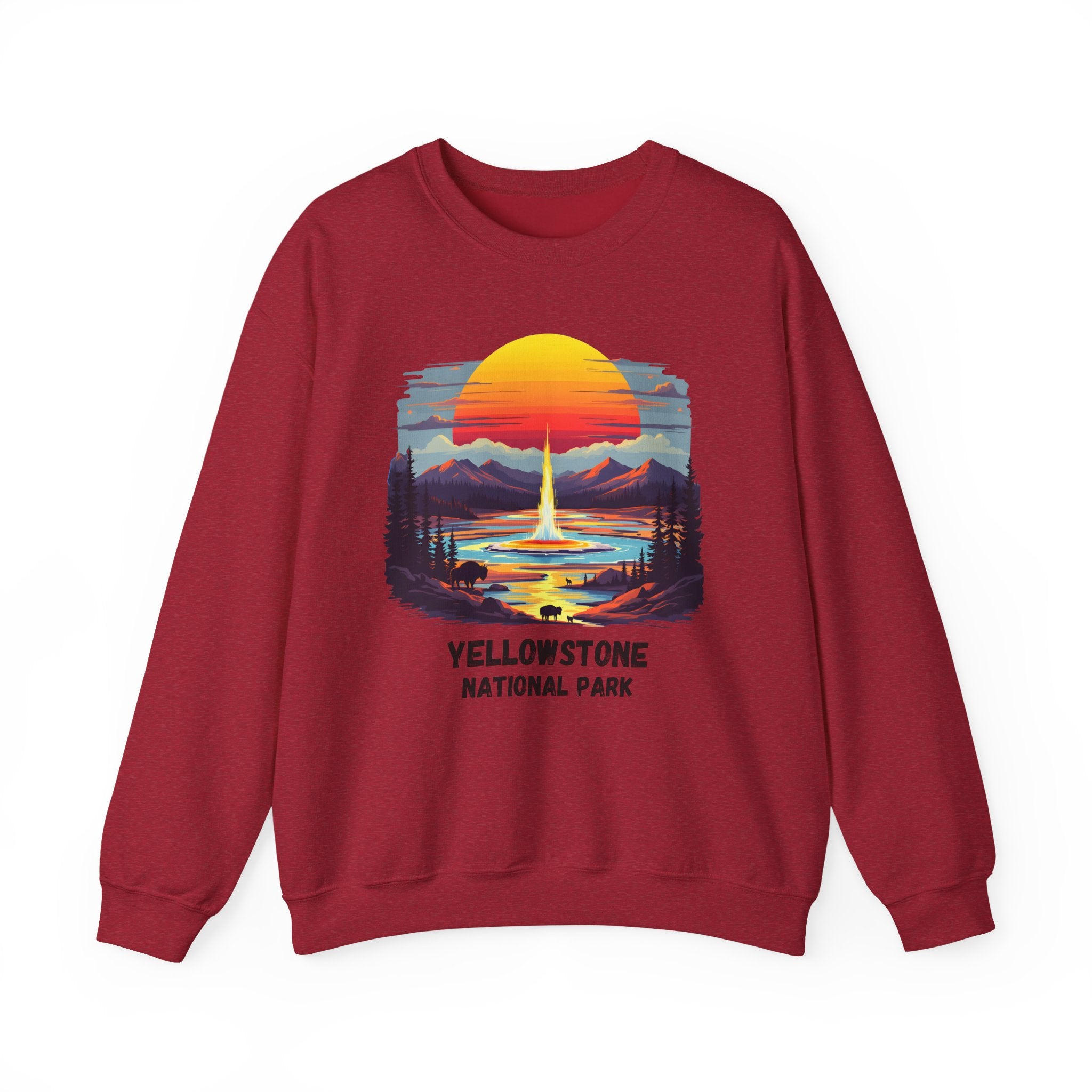 Yellowstone National Park Sweatshirt — Retro Sunset Geyser Crewneck