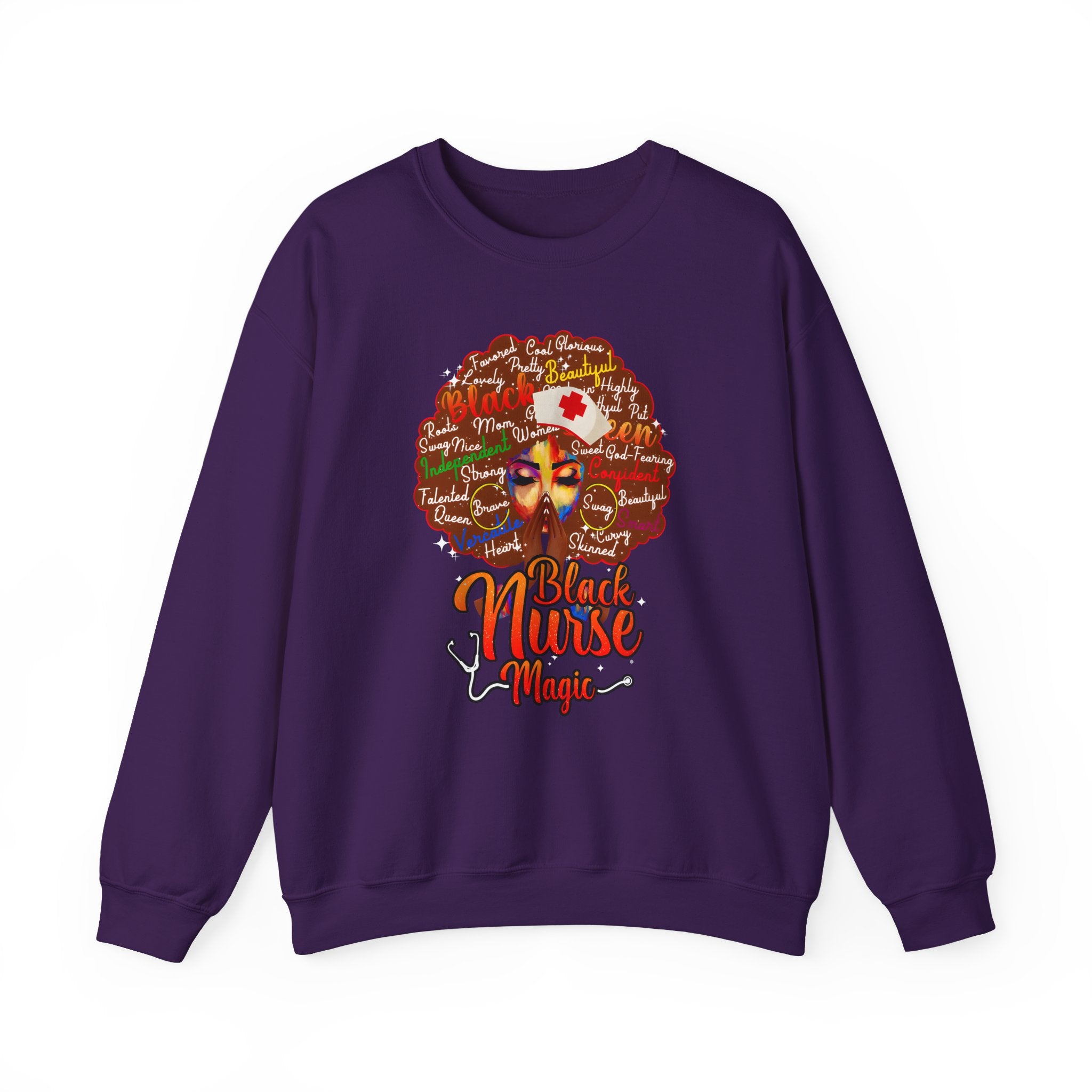 Black Nurse Magic Crewneck Sweatshirt — Brown Afro Nurse Heartbeat Design