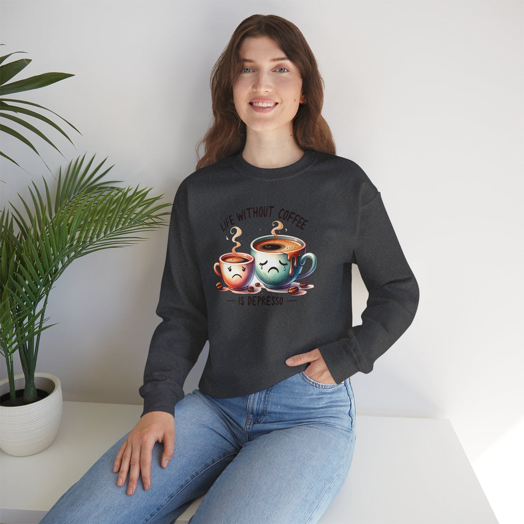 "Life Without Coffee Is Depresso" Cute Cafe Graphic — Coffee Crewneck Sweatshirt