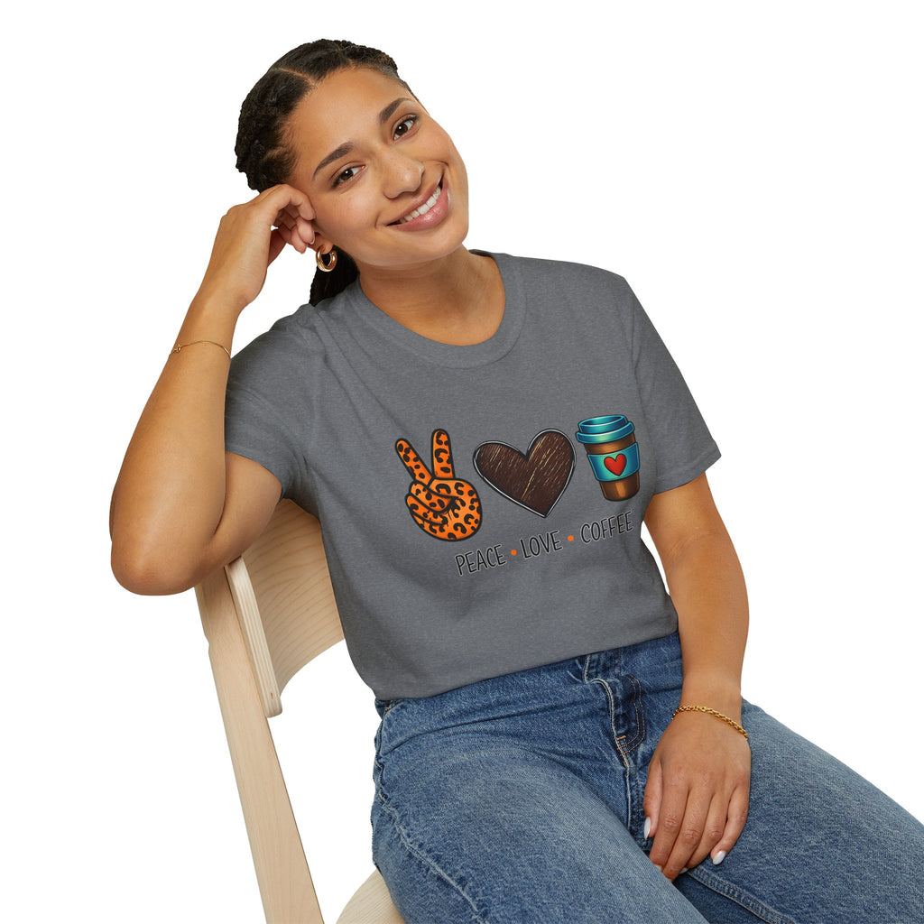 Peace Love Coffee T-Shirt — Retro Leopard Peace Sign & Heart Coffee Cup Tee