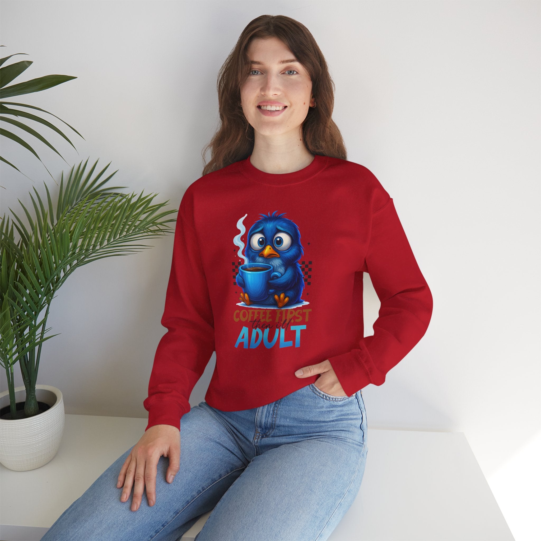 Coffee First Adult Sweatshirt — Cute Blue Bird Coffee Crewneck
