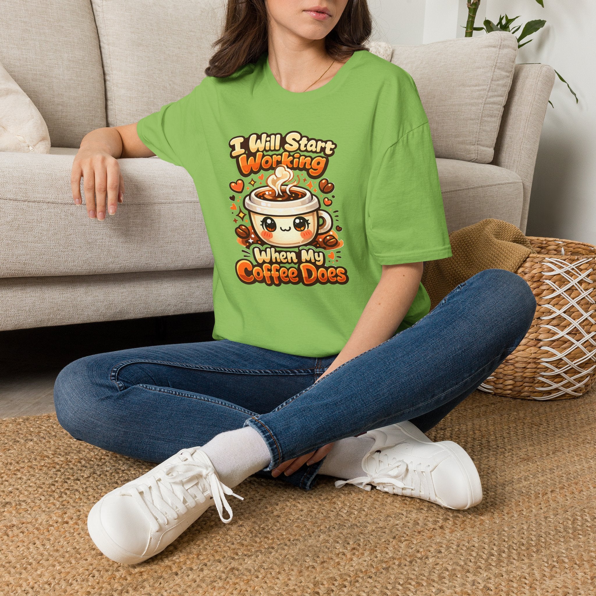 “I Will Start Working When My Coffee Does” Cute Kawaii Coffee Shirt — Coffee T‑Shirt